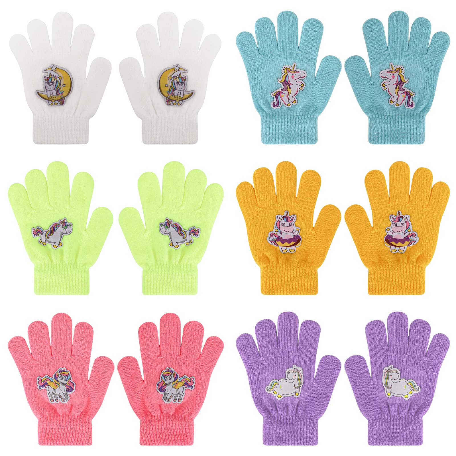 QKURT 6 Pares de Guantes de Punto para Niños Guantes Cálidos de Invierno para Niños Pequeños Manoplas Mágicas de alto Estiramiento con Patrón de Unicornio Novedoso Adecuado para Niñas de 5 a 12 años
