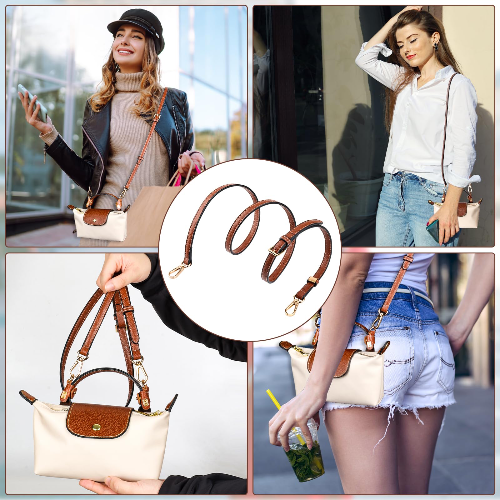 Correa para Longchamp Mini, Correa Bolso Bandolera Mujer - Marrón, Ajustable Cuero Bandolera para Mini Mochila, No Perforación con 2 Adaptadores para Correas de Hombro, Longitudes 120 cm