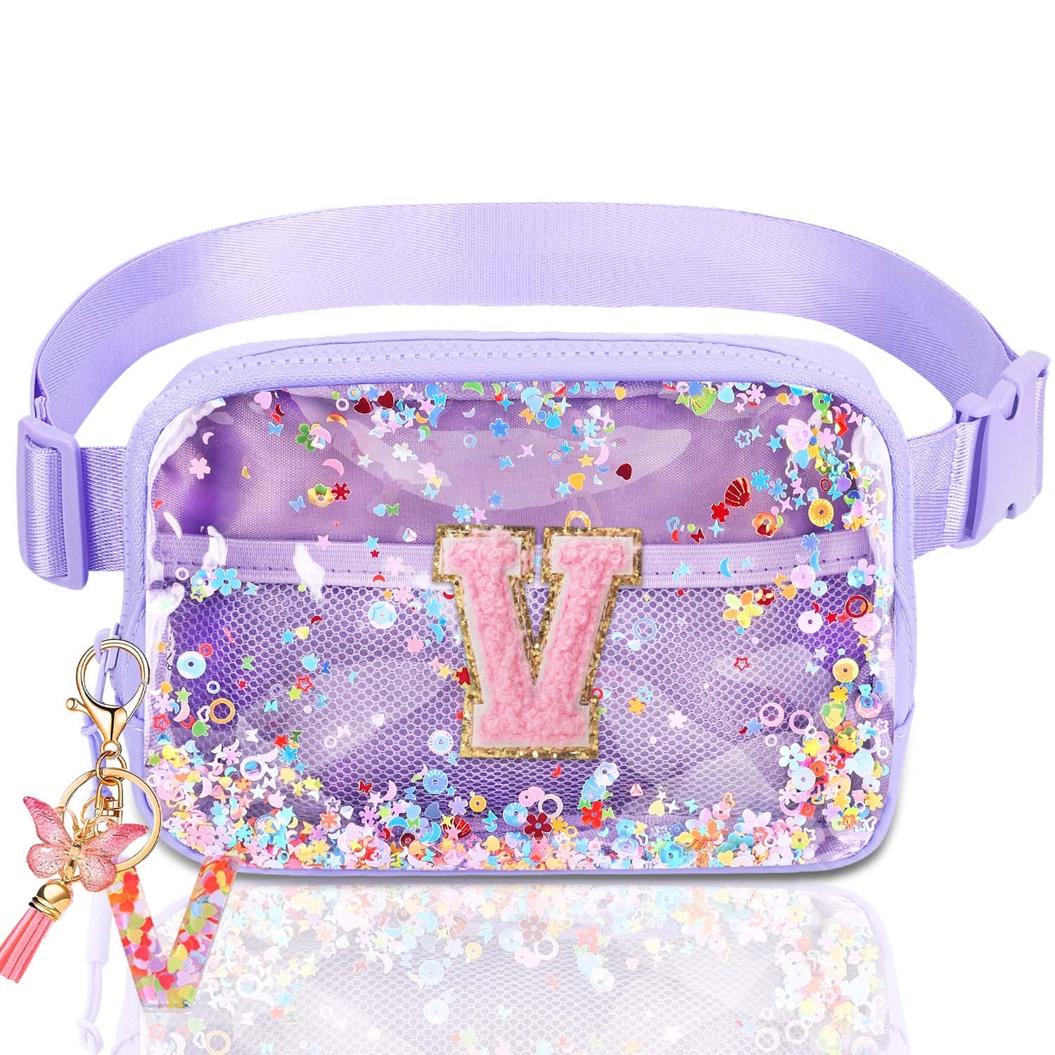 Initial Fanny Pack for Girls - Belt Bag for Teens Kid Teen Girl Kid Birthday Gift Clear Purple V