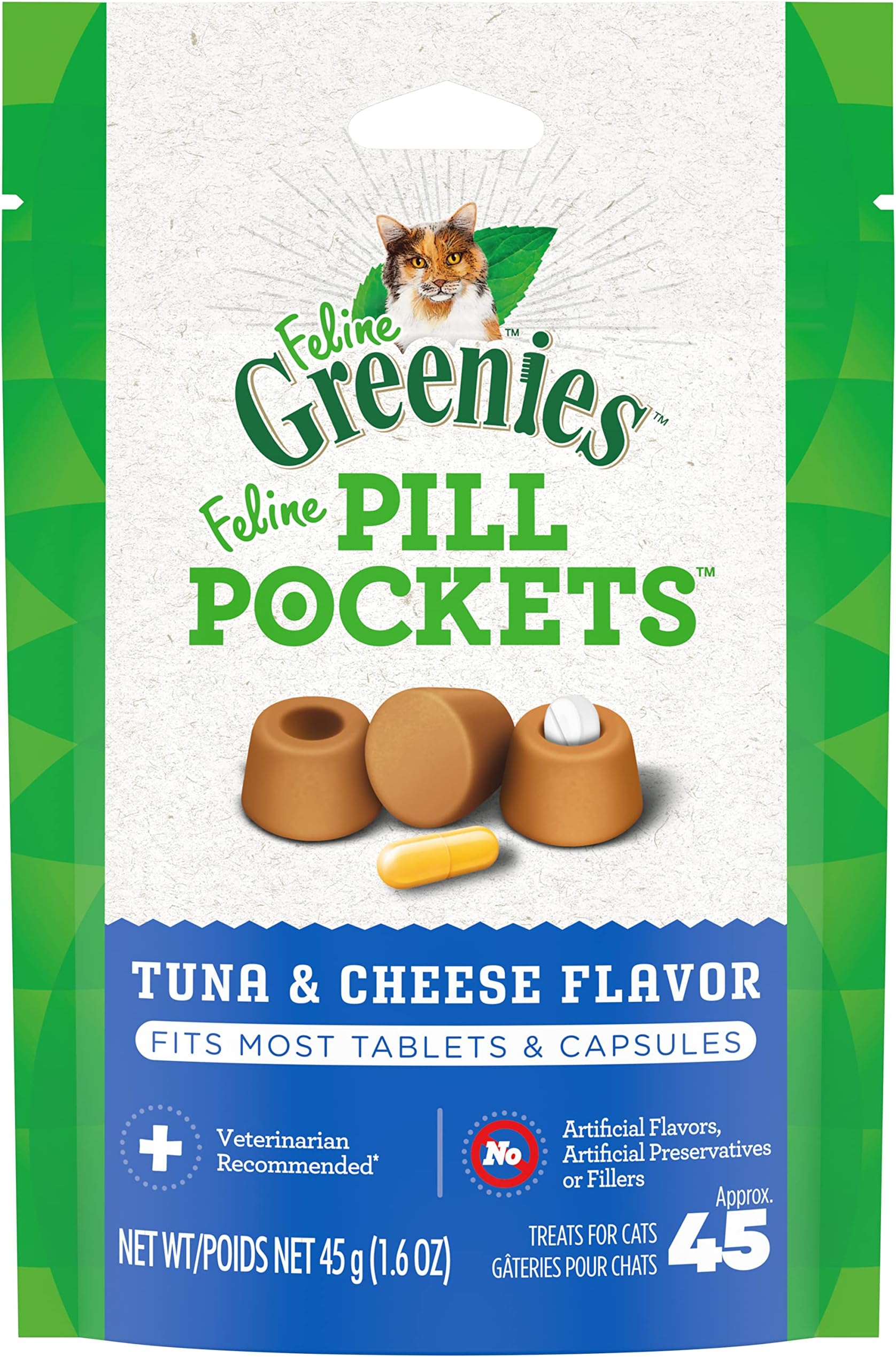 Greenies Feline Pill Pockets Natural Cat Treats Tuna & Cheese Flavor, 1.6 oz. Pouch (45 Treats)