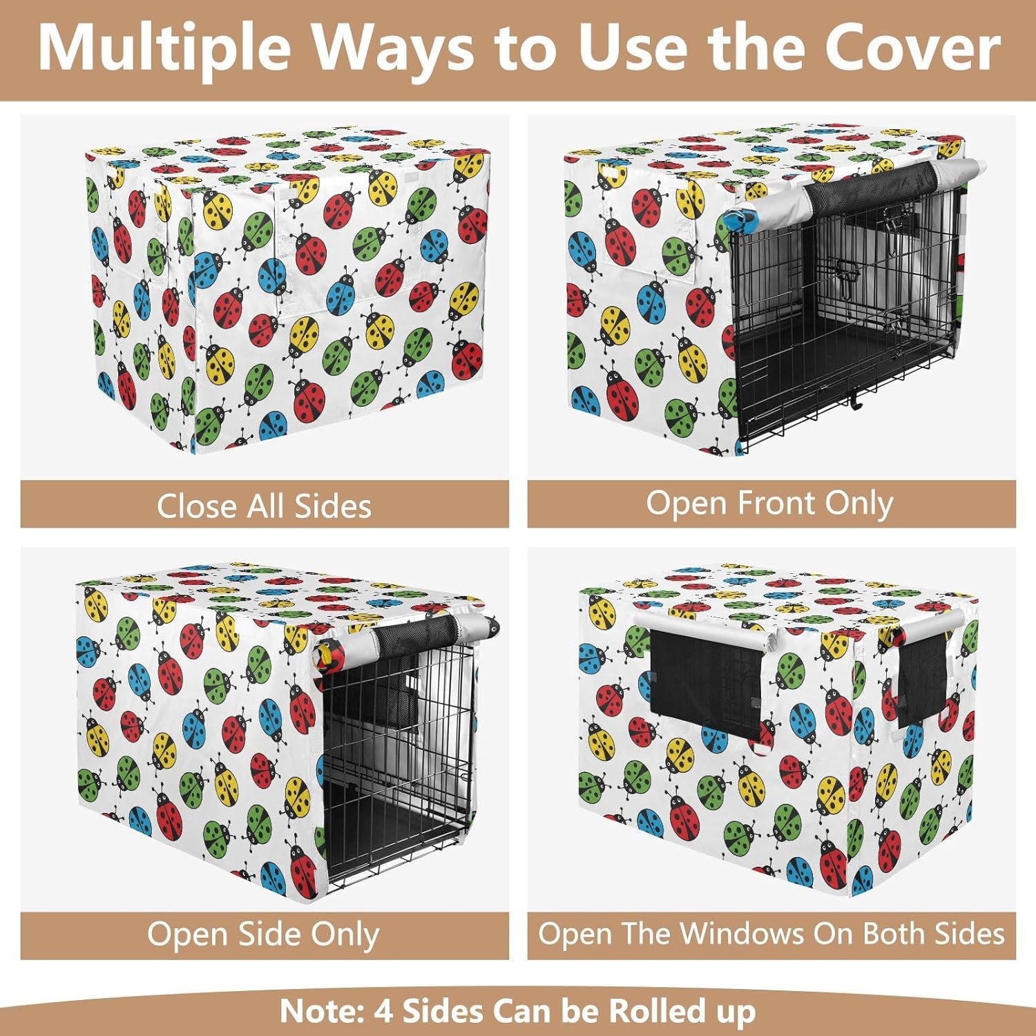Duty 600D Silver Coated Dog Crate Cover, Water-Resistant Ladybug Print Pet Kennel Canopy with Mesh Windows for Optimal Ventilation, Universal Fit for Standard Wire Cage, Indoor & Travel