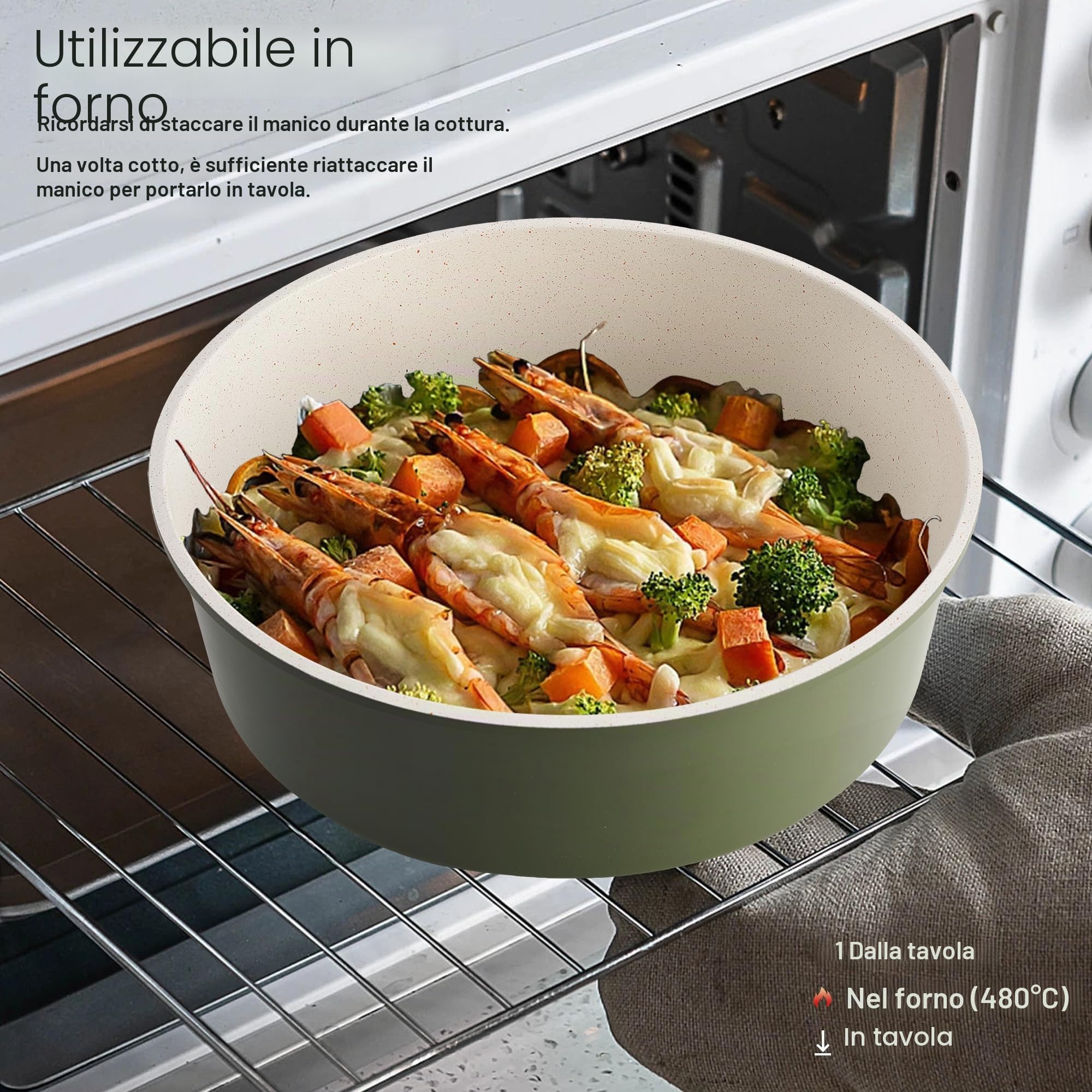 RIOVARM Induzione Set di pentole e padelle con manici staccabili, Impilabile Antiaderente In granito Set di pentole con coperchi, Salvaspazio Set di utensili da cucina Senza PFOA, Padella, Casseruole