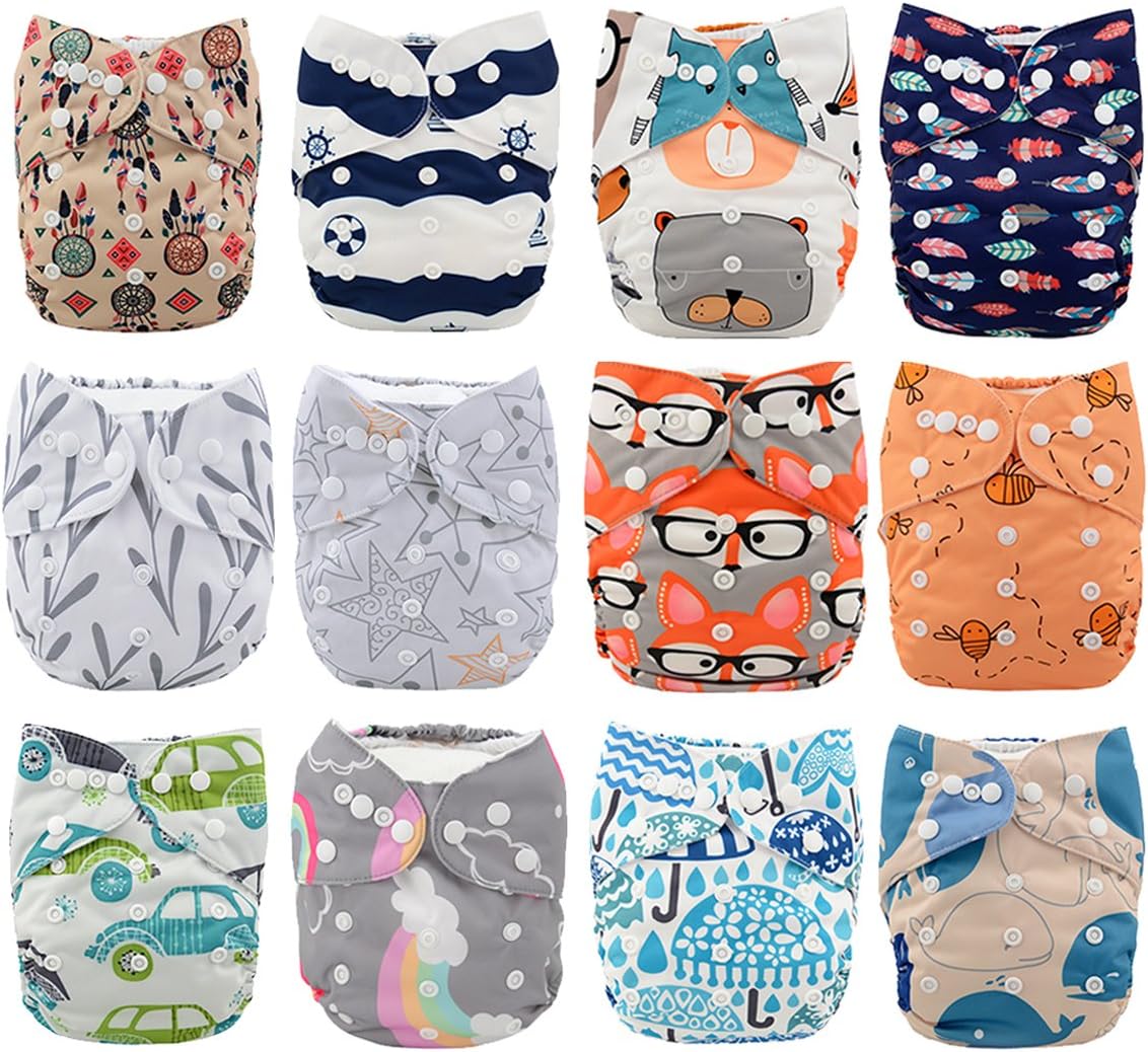 babygoal Baby Cloth Diapers,One Size Adjustable Reusable Pocket Cloth Diaper 12pcs Diapers+12pcs Microfiber Inserts+One Wet Bag+4pcs Baby Wipes 12FN51-1