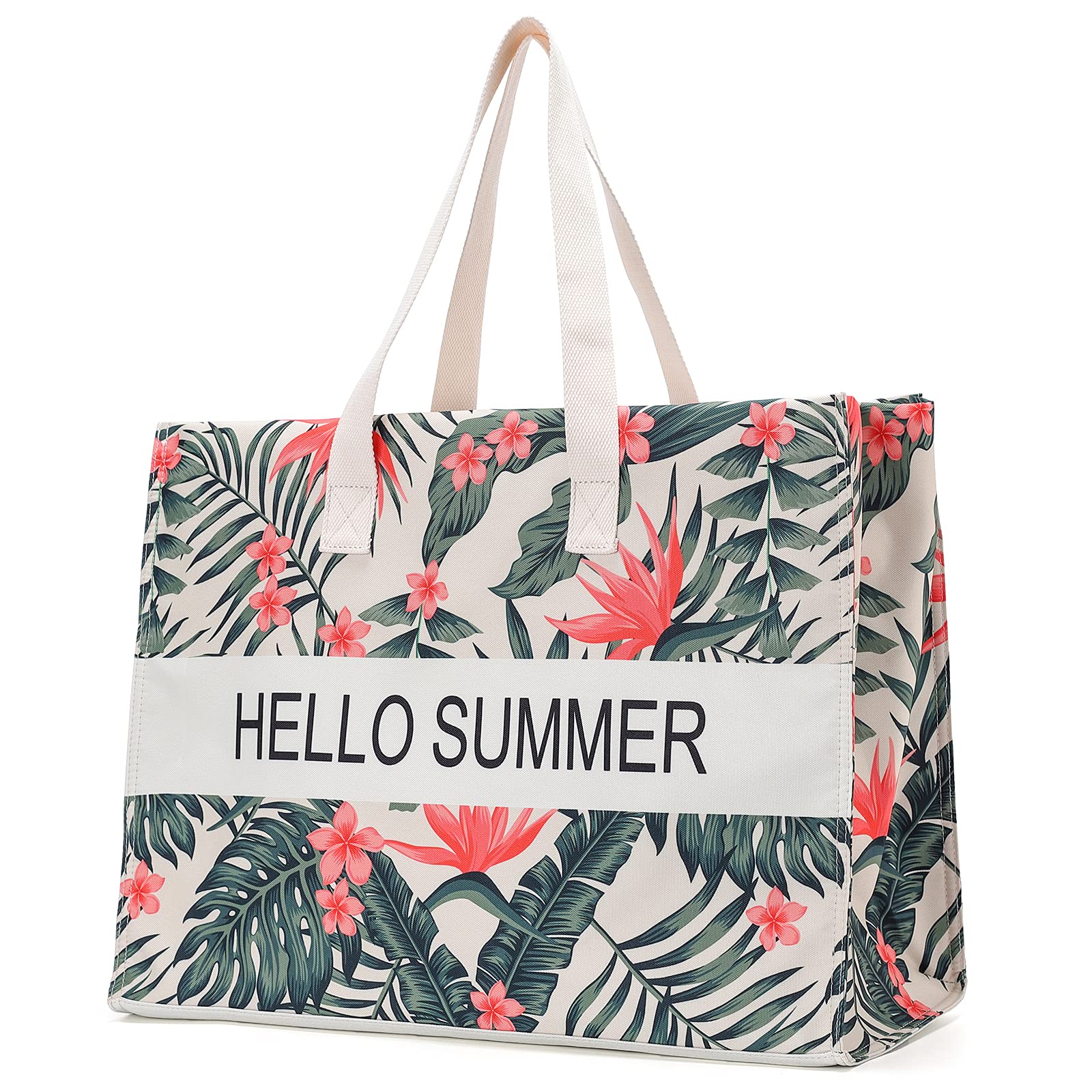 JANSBENpara Mujer XXL Bolso de Hombro Shopper Bolso de Playa de Lona, ​​Bolso de Playa Grande 48L, Bolsos de Hombro, con Cremallera (Leaves, XXL)