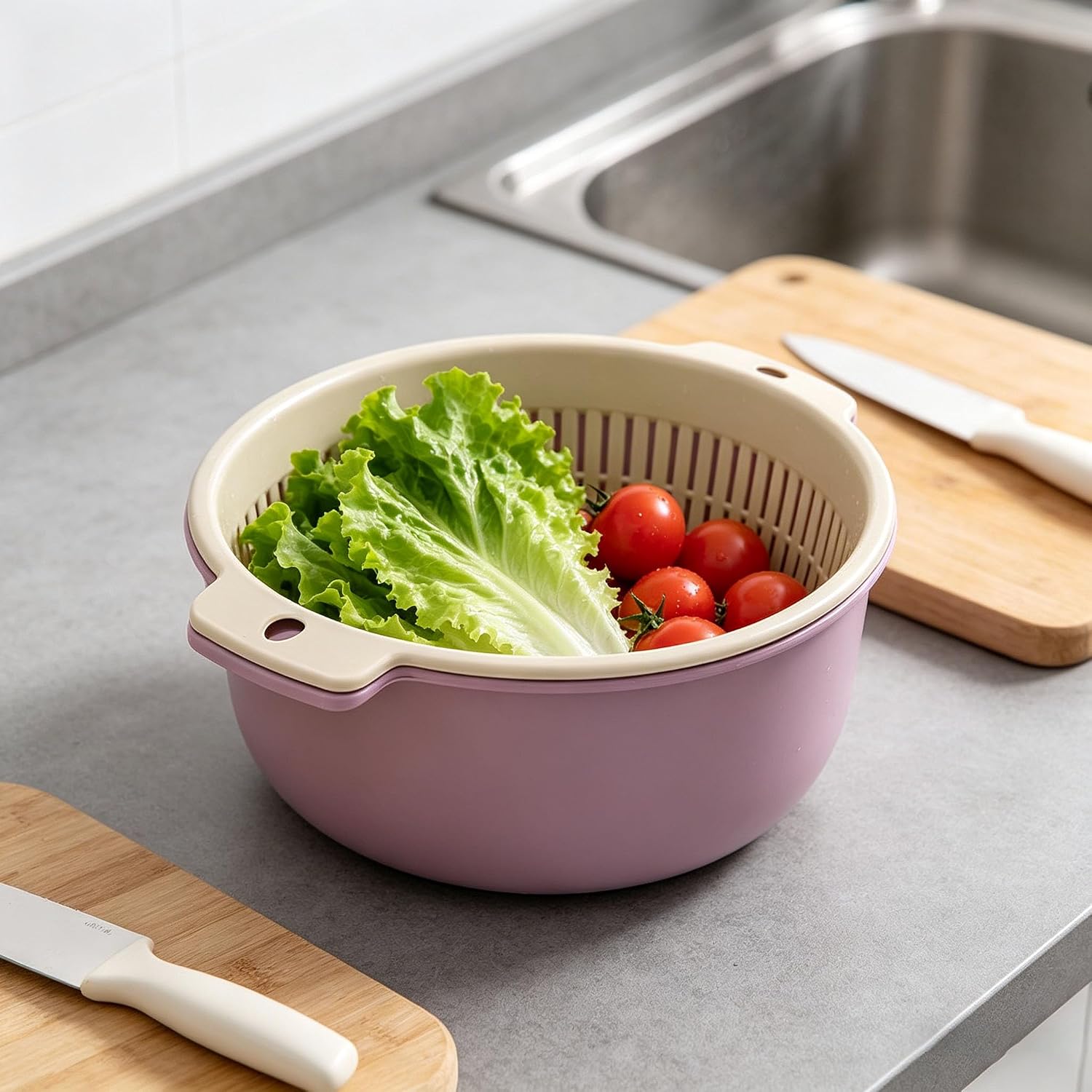 2 in 1 Colander Bowl Set, Detachable Strainer and Serving Bowl Kitchen Fruit Vegetable Washing Drainer for Home Meal Prep and Salad Making (Small 14x7x16cm)