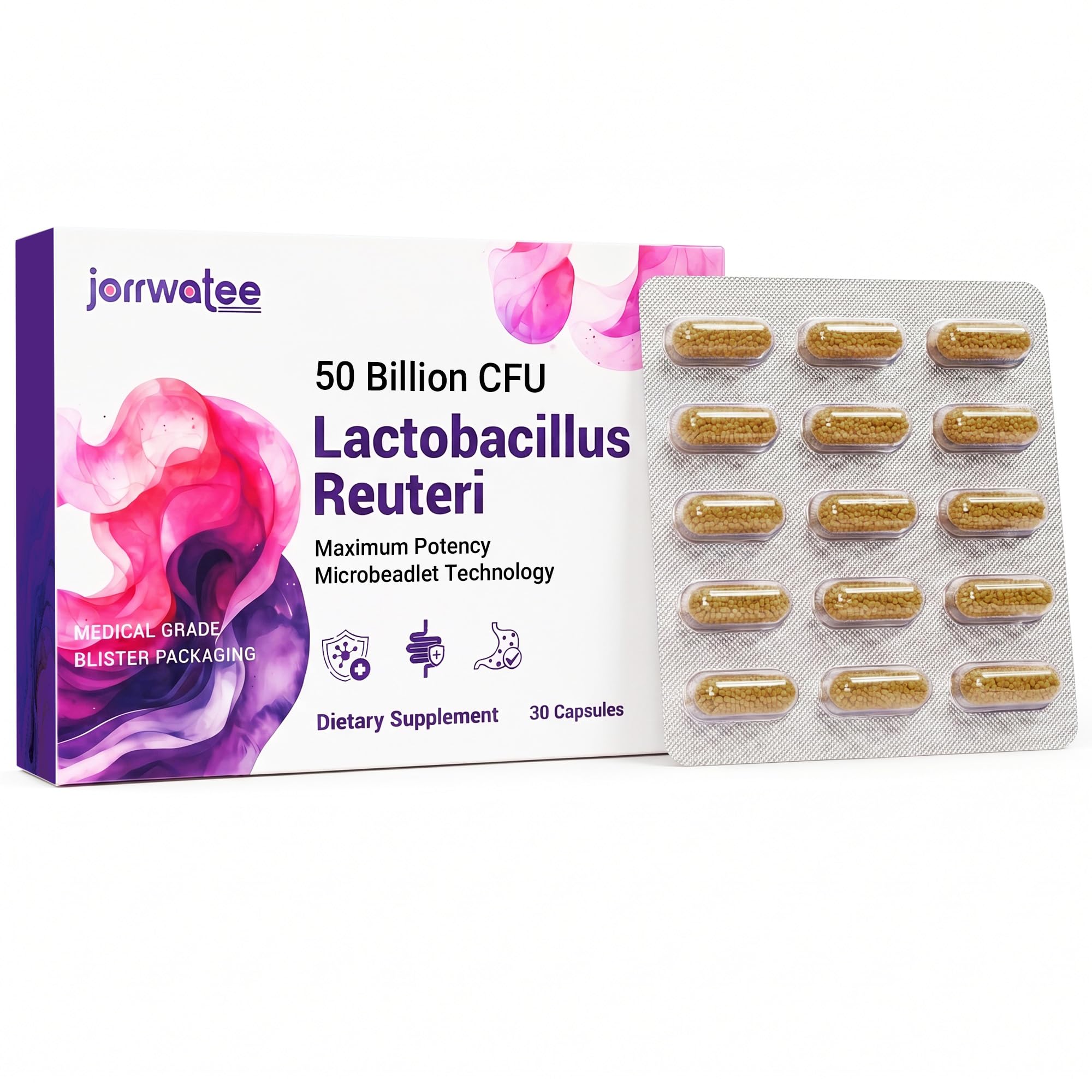 Jorrwatee Probiótico de Lactobacillus reuteri 50 bilhões de UFC, 30 cápsulas