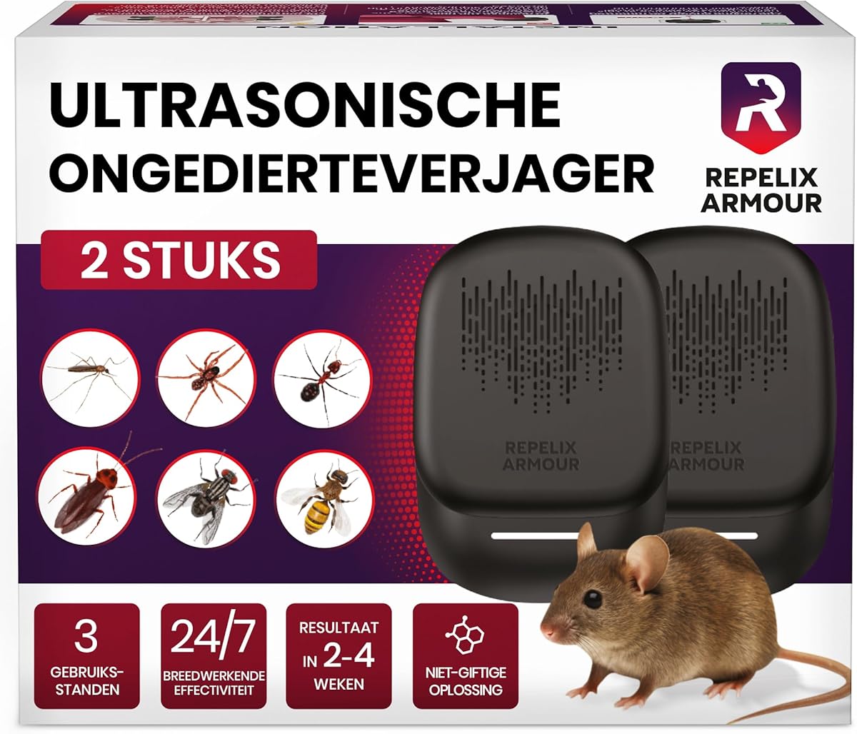 Ultrasone Ongedierteverjager voor Binnen – Set van 2 – Dekking tot 140m² per apparaat – 3 modi – Helpt muizen, ratten, spinnen, muggen, mieren, insecten & vliegen op afstand te houden