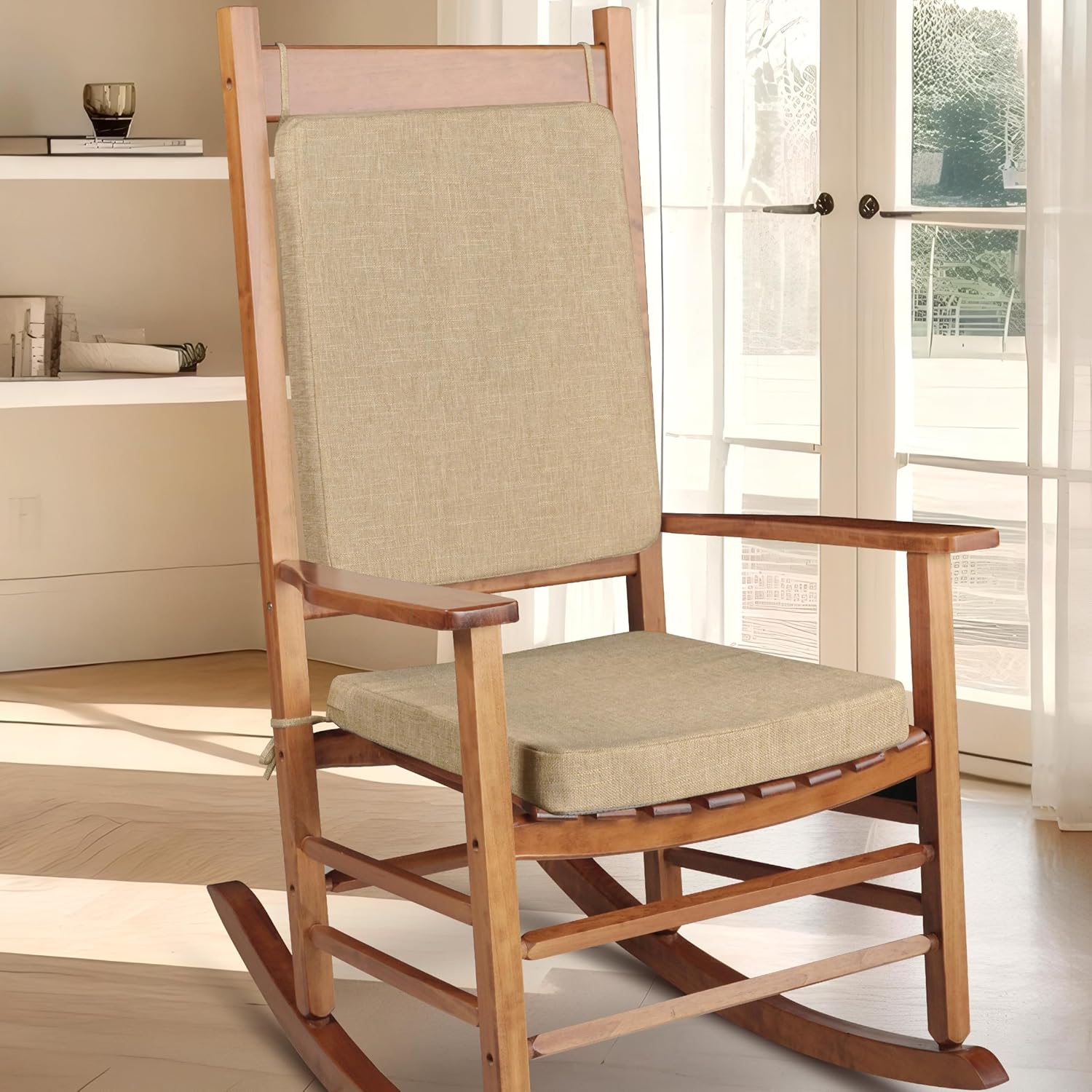 Rocking Chair Cushion Set with Machine Washable Cover Non-Slip Rocking Chair Cushions Indoor Seat and Back Pads with Ties 1 Pack, 2 Piece Set, 20"x 17"x 2" (Beige) 1 Beige