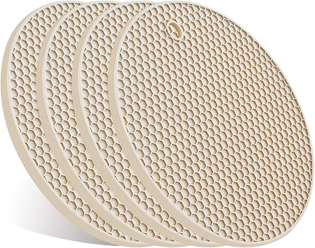 4 Pcs Trivets for Hot Dishes, Kitchen Heat Resistant Silicone Trivet, Extra Thick, Large, Non Slip 3. Beige