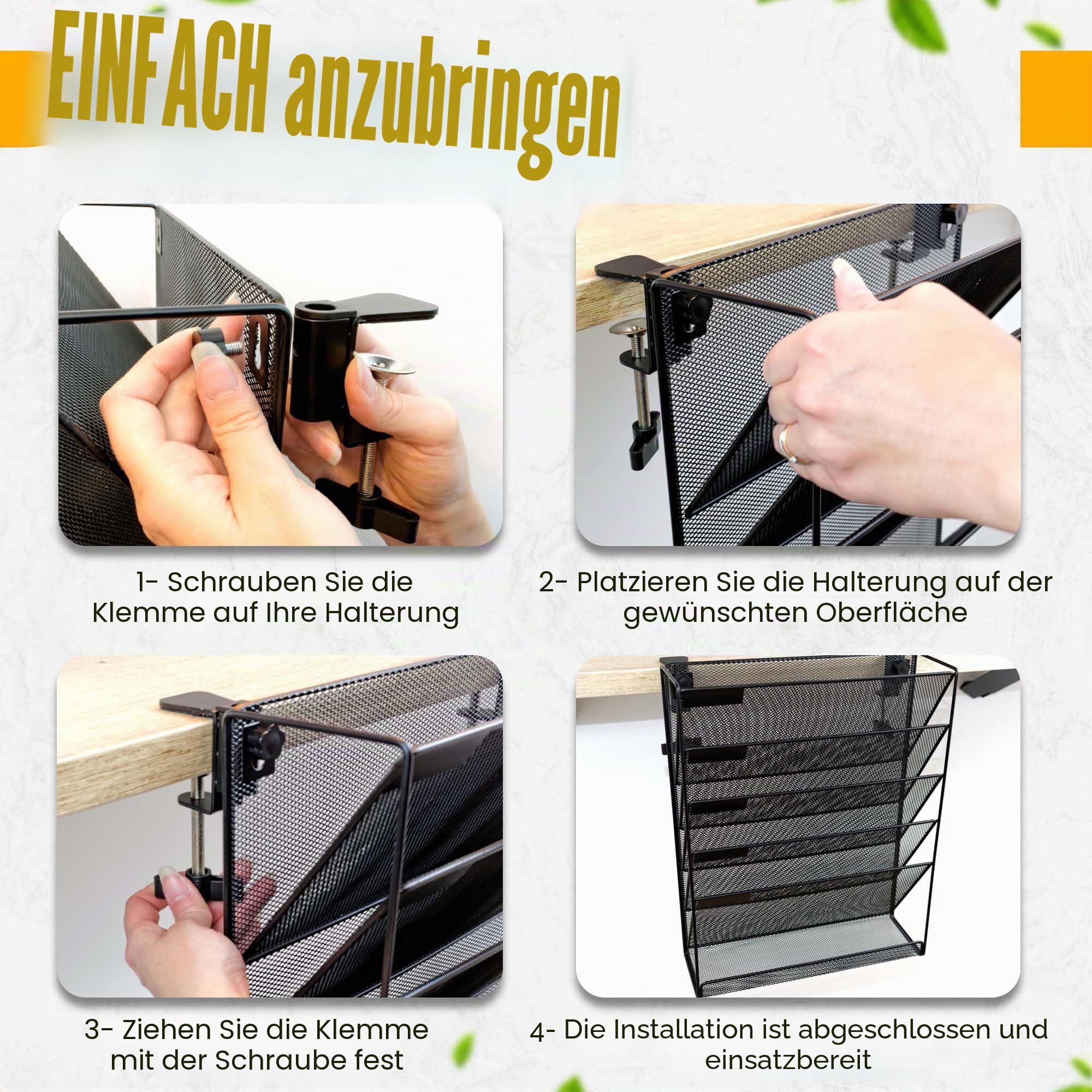 Schreibtisch-Organizer zum Aufhängen am Schreibtisch ohne Bohren, Dokumententasche A4, Bürobedarf, Zeitschriftenhalter zur Wandmontage, Hängemappe