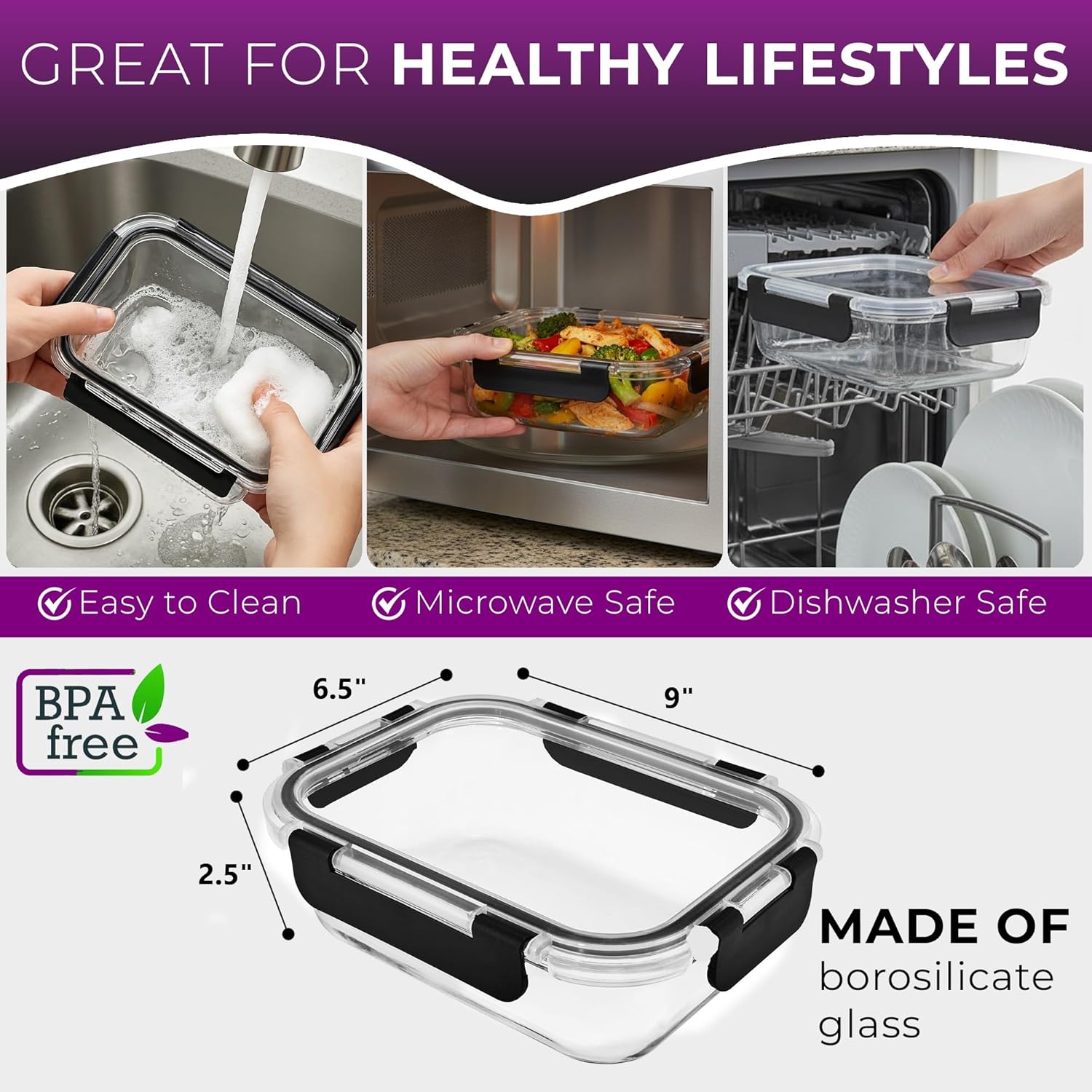 Glass Food Storage Containers Bowls with Airtight Snap Locking Lids for Meal Prep Leftovers Baking Lunch Boxes Dish (Black, 51oz Rectangle 4 Pack)