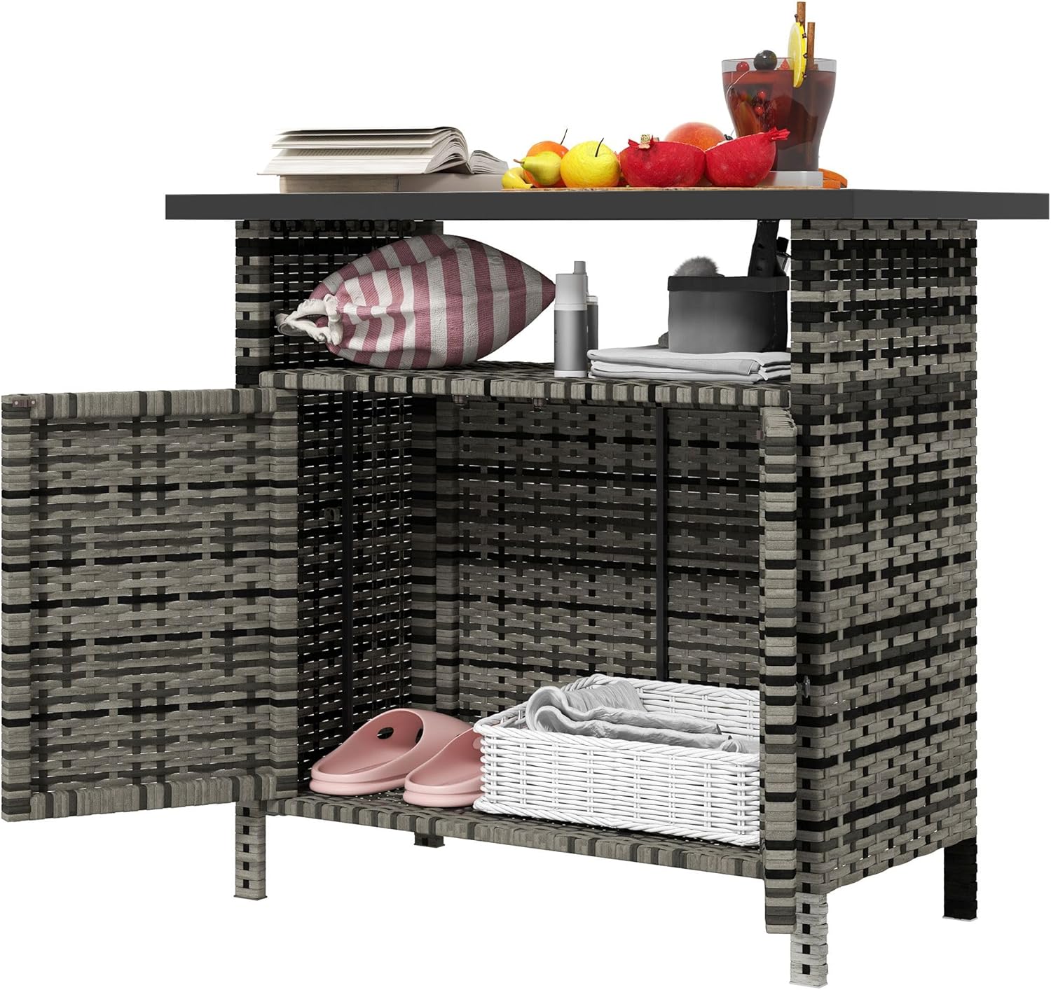 36x24x61in Premium All-Weather UV-Resistant Weatherproof Durable Wicker Outdoor Storage Cabinet with 2Door Fixed Shelf in Mixed Gray