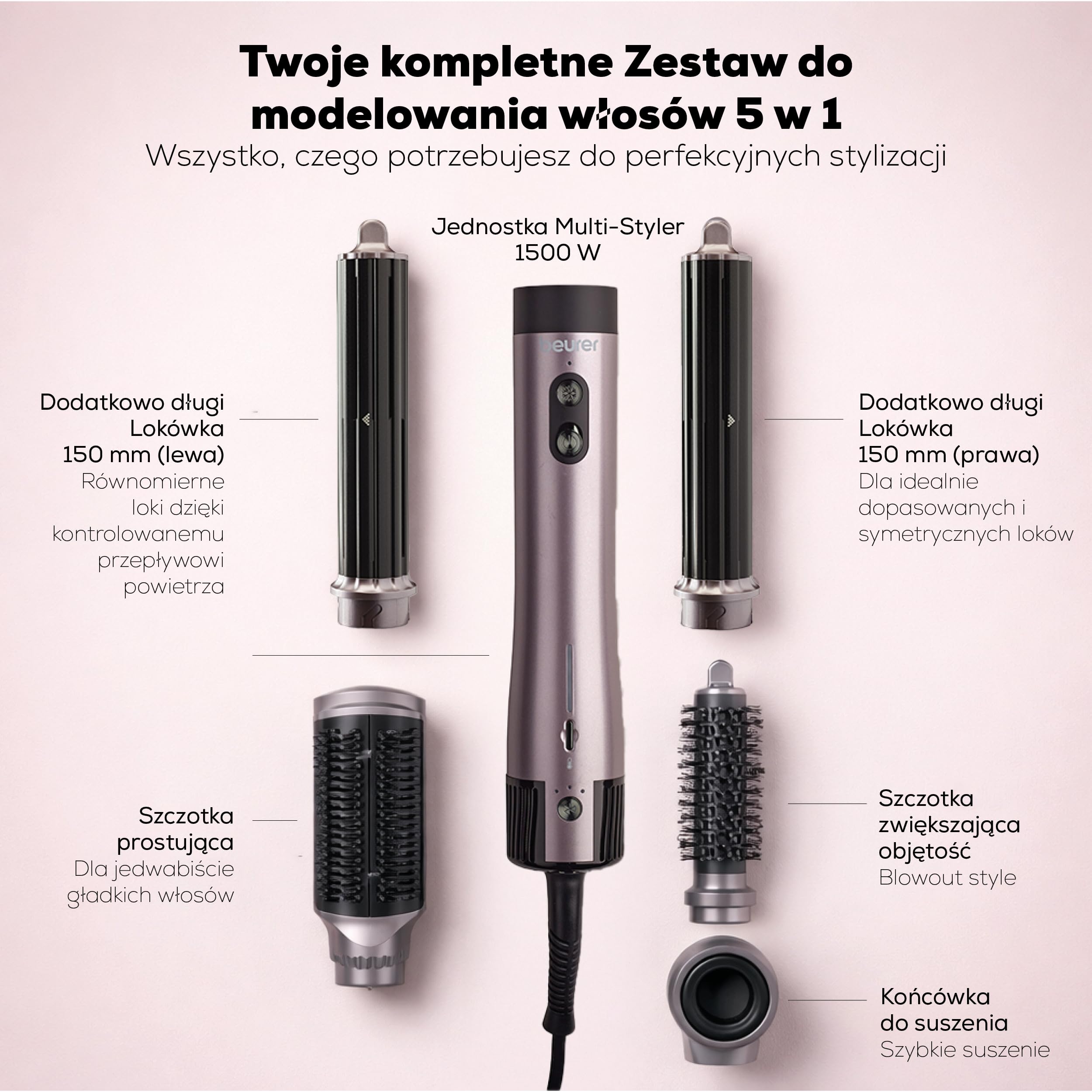Beurer HT 110 5-w-1 Airstyler, wielofunkcyjny styler do włosów do loków, prostowania i objętości, delikatne stylizowanie dla wszystkich typów włosów, ceramika-turmalin, technologia jonowa, 5 nasadek