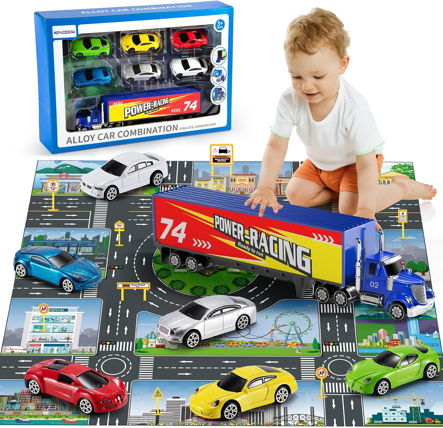 NIPLOOOW Die Cast Metal Racing Car Toy With Play Mat for 3-6 Year Old Boys and Girls - Christmas Birthday Gift