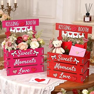 Valentine Wooden Decor Box, 2PCS Crates for Party Favor Candy Kissing Booth, Tool-Free Assembly Gift Station, Reusable Event Display Stand with Sweet Moments Text for Engagement Birthday Party