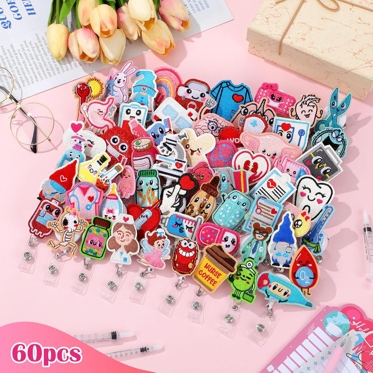 Cindeer 60 Pcs Felt Nurse Badge Reel Retractable Badge Holders Cute Felt Themed Holders with Alligator Clip Holiday Gifts for Doctor Nurse Hospital Teacher Student