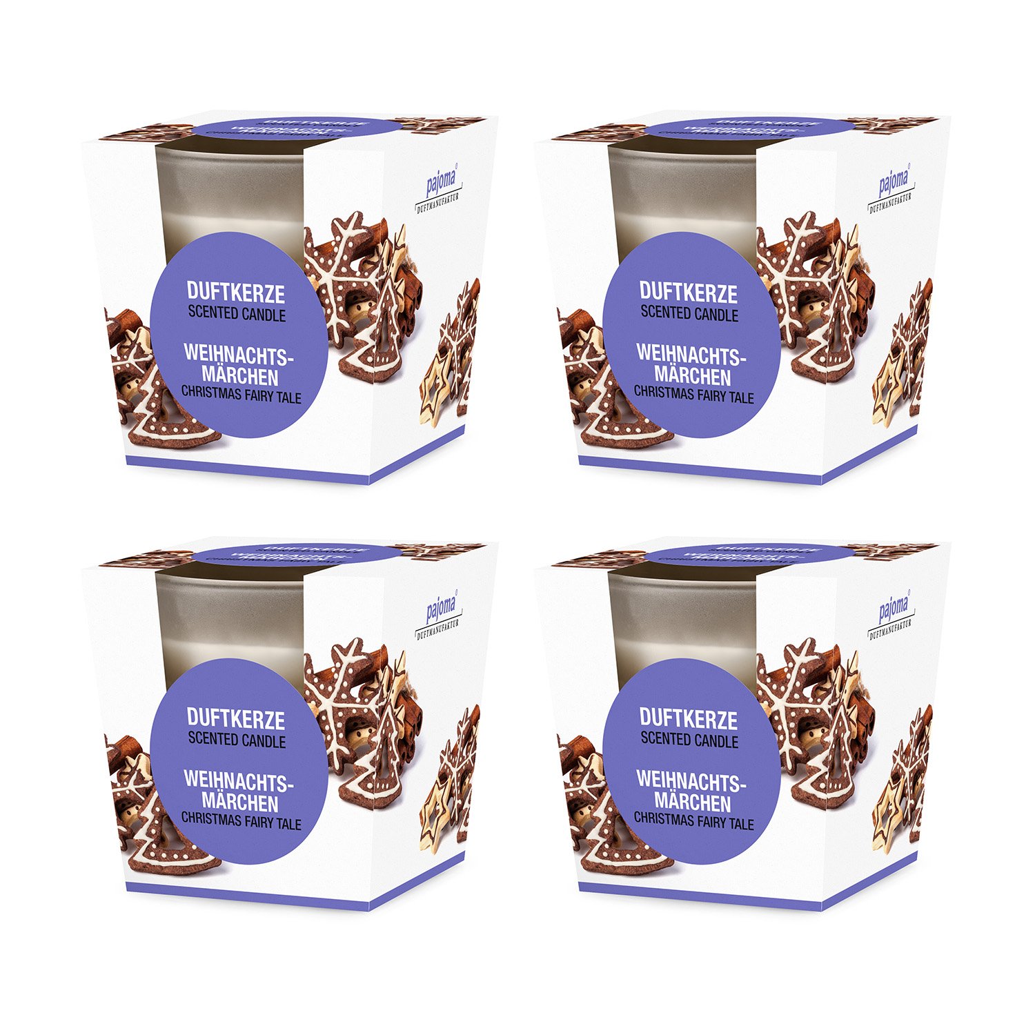pajoma Duftkerze 4er Set, Weihnachtsmärchen, im satinierten Glas, 4x 124 g, Brenndauer: 25 Stunden, in edler Geschenkverpackung