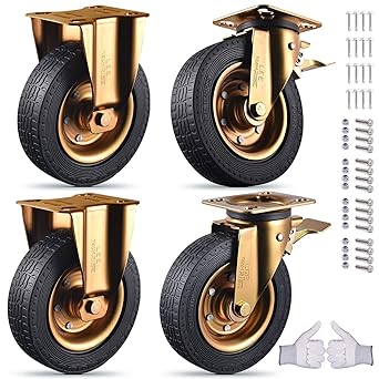 Fixed Casters Set of 4 Heavy Duty 8 Inch Plate Swivel Industrial Solid Rubber Rigid Caster Wheels for Cart Workbench Outdoor Castors Dual Locking Replacement 3200Lbs Load Capacity Bolts Screws Include