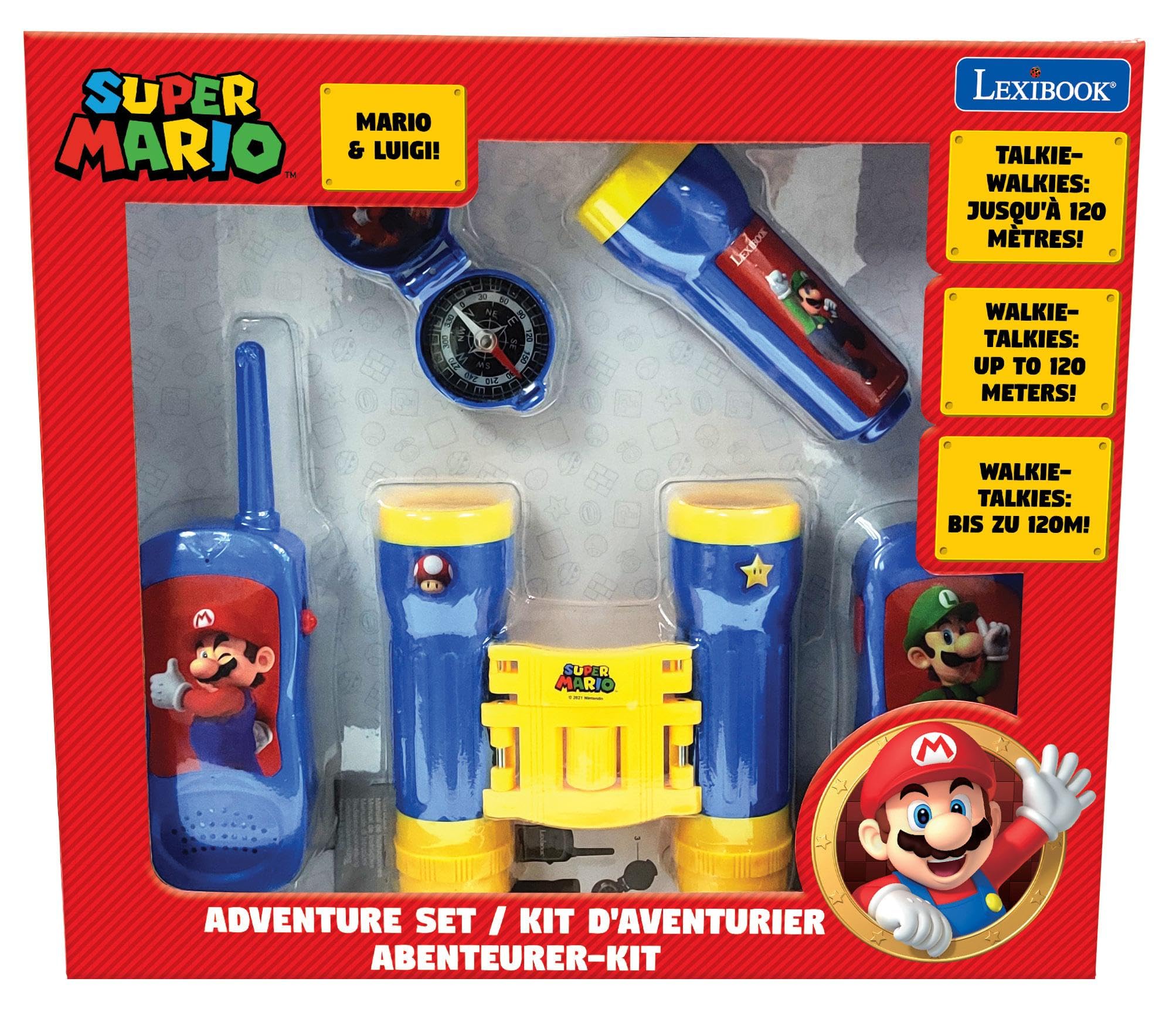 Lexibook Nintendo Super Mario - Set Completo per Bambini - Walkie-Talkies 120m, Binocolo, Bussola, Torcia, Blu/Giallo, RPTW12NILXB