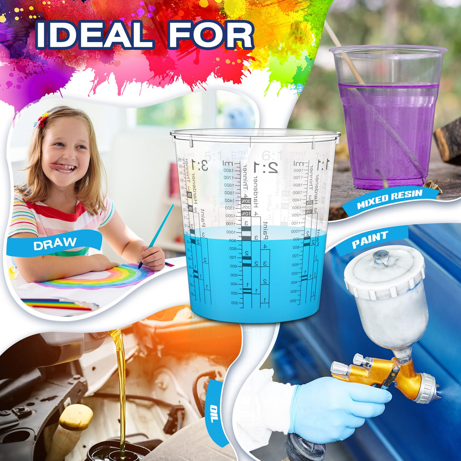 24 tazas medidoras de pintura de 64 onzas, 60.9 fl oz, tazas mezcladoras con graduados y 20 varillas de mezcla de pintura de plástico desechable, resina epoxi automotriz, taza de mezcla para pintura, 7