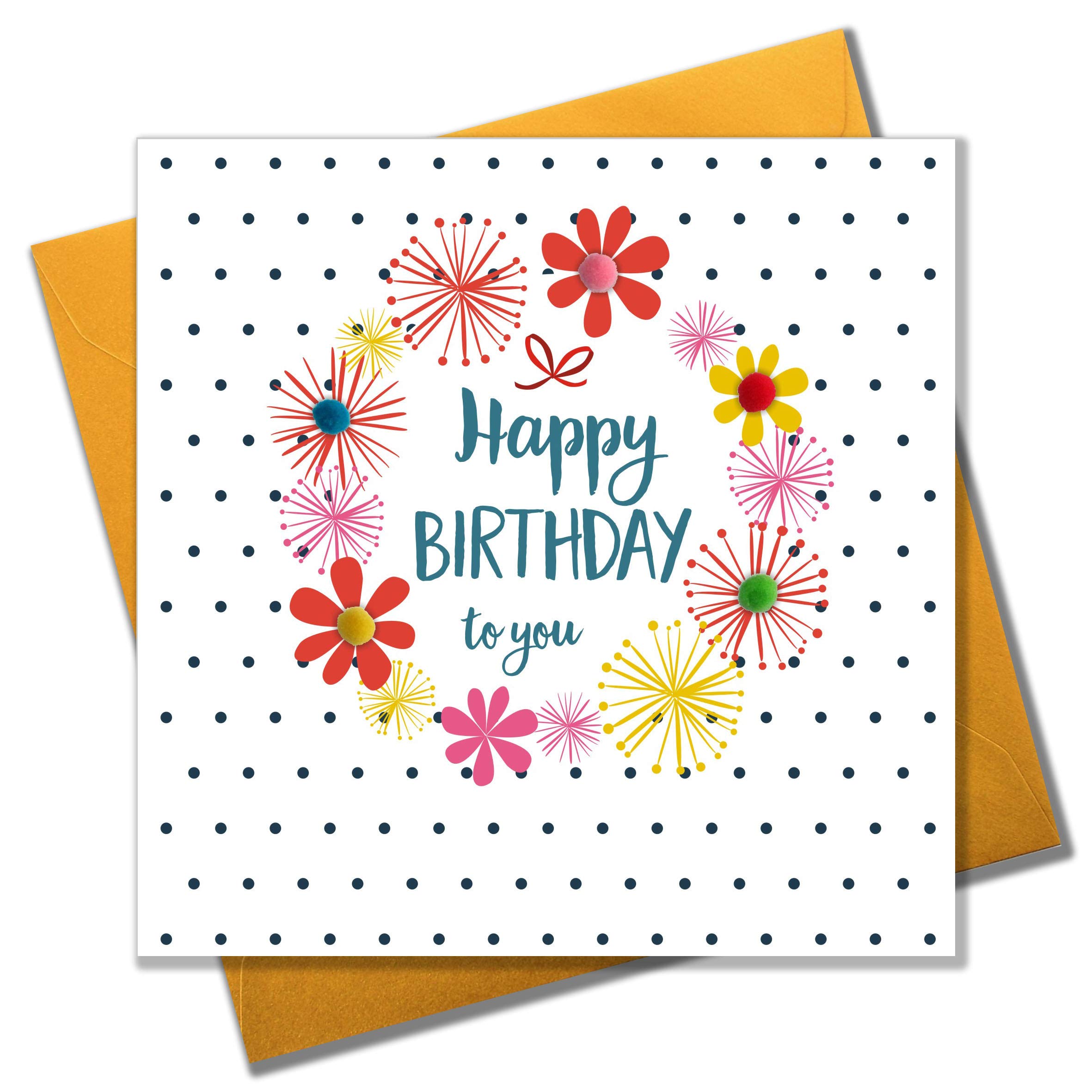 Claire Giles Greeting Cards, Happy Birthday Card, Flowers and Dotty Background Design Birthday Greeting Card, Embellished with Colourful Pompoms