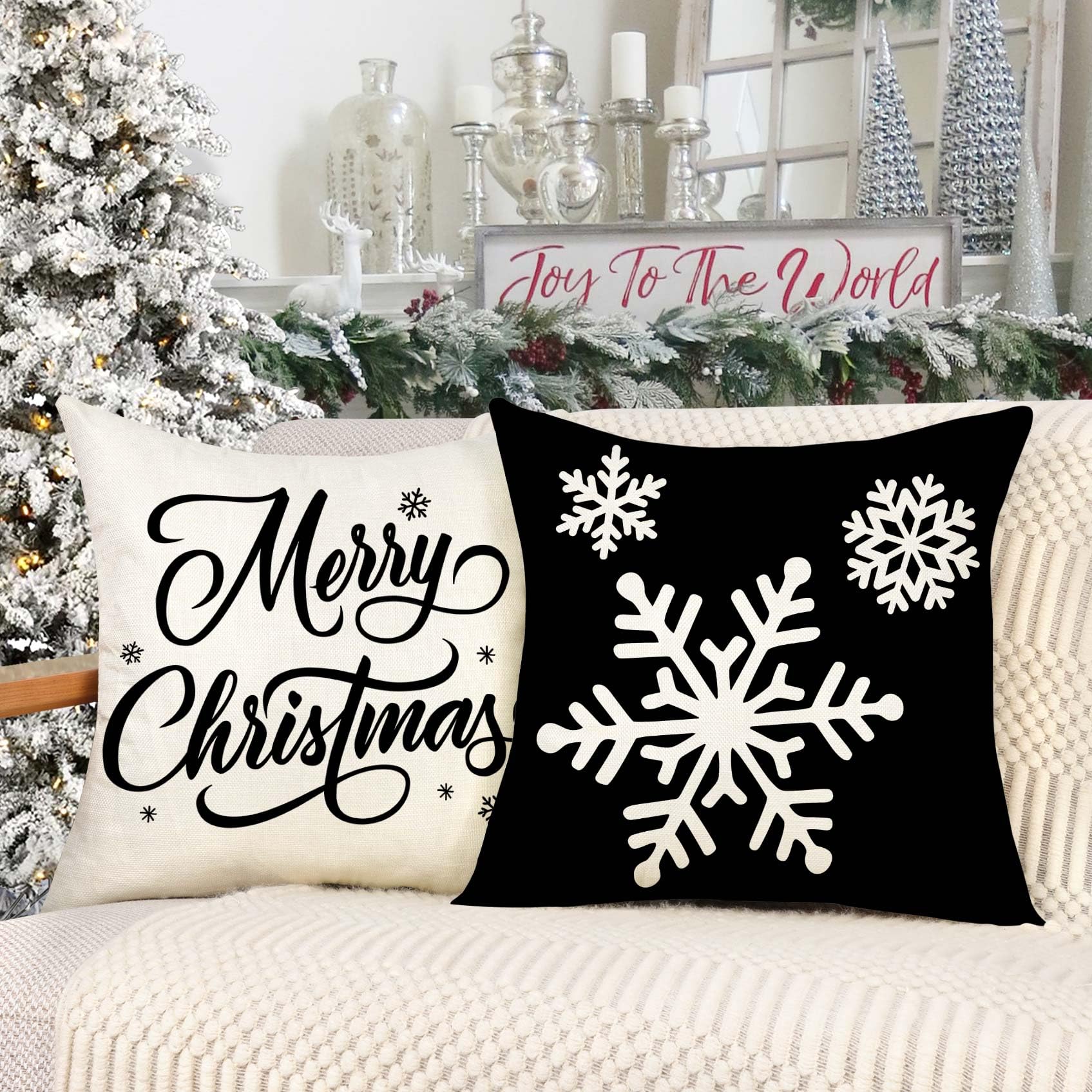 Juego de 4 fundas de almohada de Navidad negras de 18 x 18 pulgadas, decoración de Navidad de granja, copos de nieve, hola invierno, decoración de vacaciones, funda de cojín para el sofá 3
