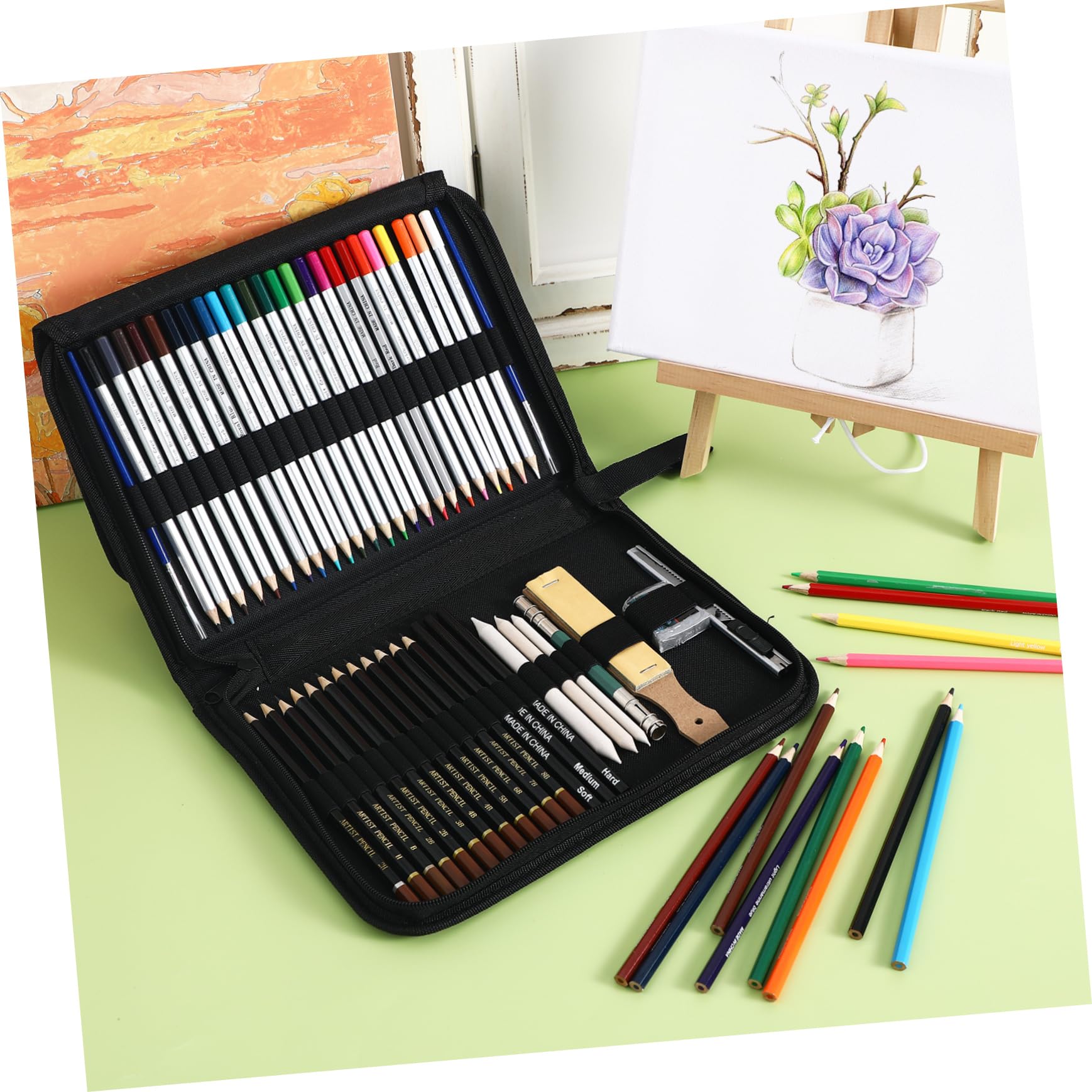 DIYEAH Coffret Crayons de Couleur Solubles à L'eau en Bois Pochette Zippée, Rallonge et Gomme, Ensemble Complet pour Croquis en Plein Air et Ombrage Artistique