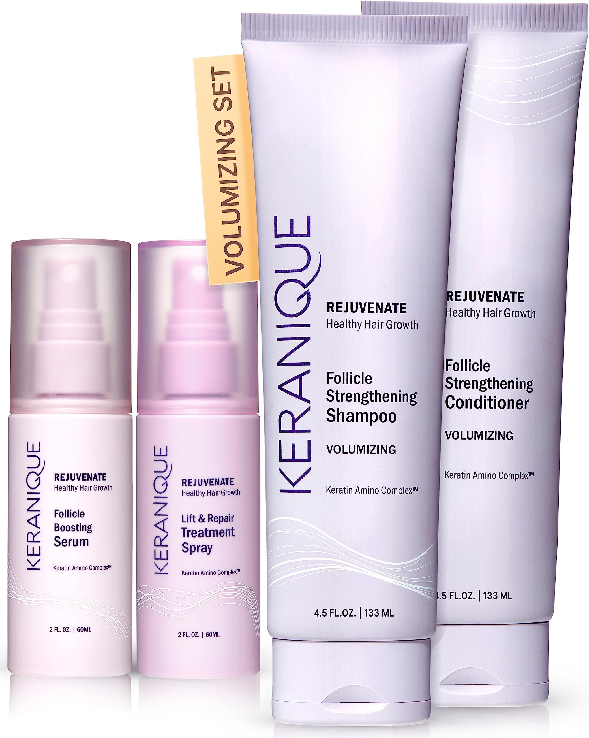 Volumizing Hair Growth System by Keranique includes Keratin Shampoo, Conditioner, Follicle Boosting Hair Growth Serum and Instant Volume Lift and Repair Treatment Spray Paraben Sulfate Free, 4 Piece set