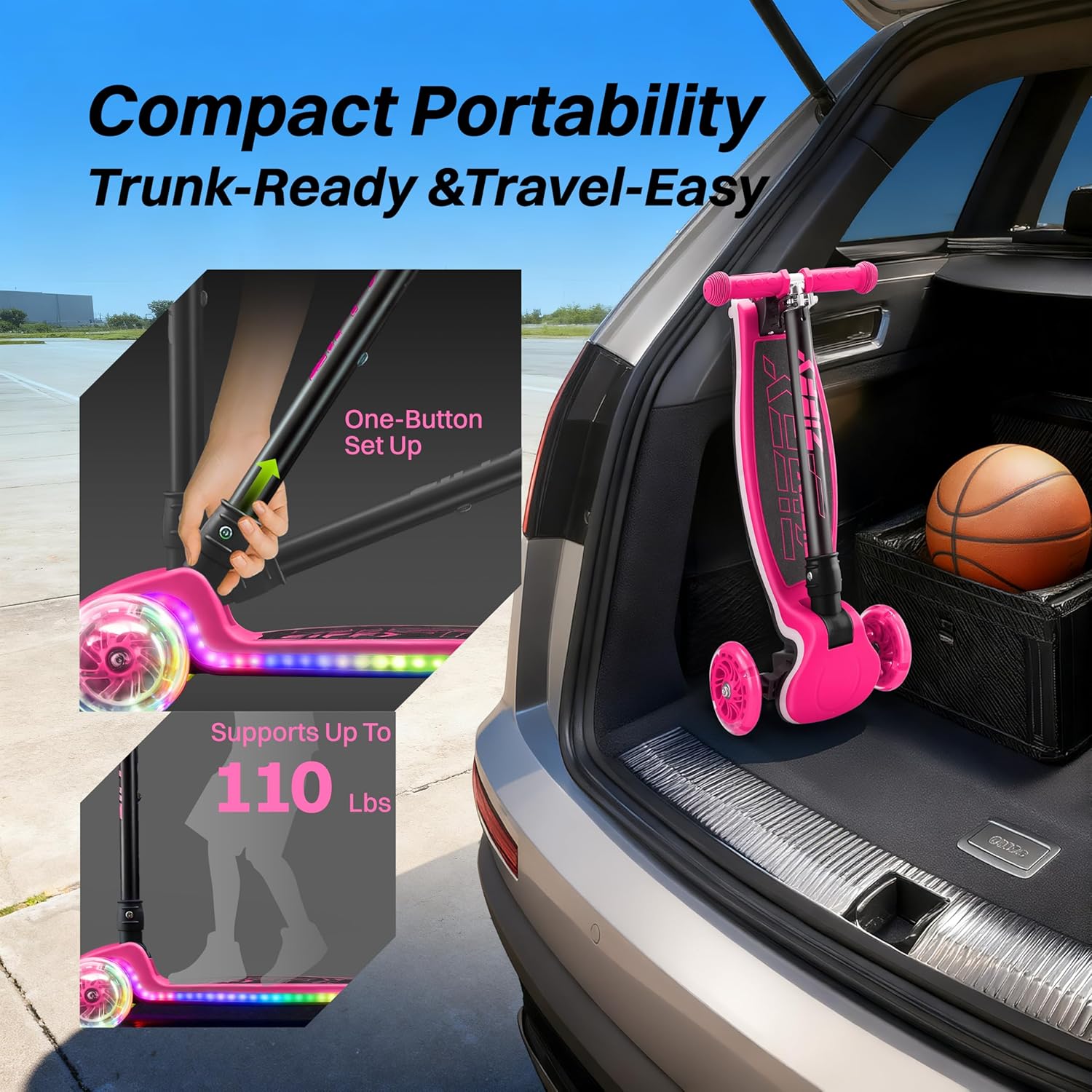 ZIFFY Light-Up Toddler Scooters for Kids 3-8, 3 Wheel Kids Scooter for Boy Girl 110lbs, 20 Dynamic LED Lights, 4 Adjustable Height Ride-on Kick Scooter, Lean-to-Steer Anti-Slip Wide Deck by JOVA - Image 6