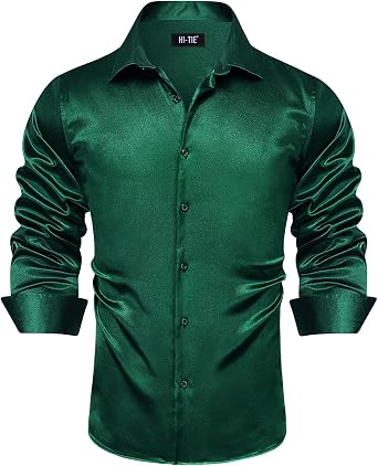 Hi-Tie Mens Satin Dress Shirt Long Sleeve Button Up Casual Luxrury Silk Shiny Prom Party Shirt