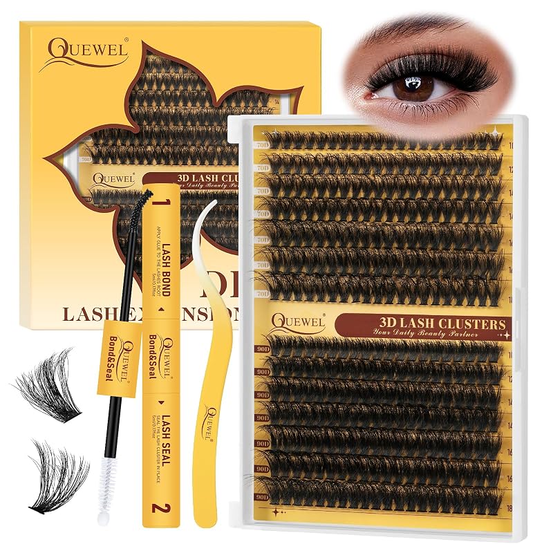 Kit de cílios em tufos QUEWEL 280 unidades 70D+90D 3D com curvatura D, adesivo e pinça