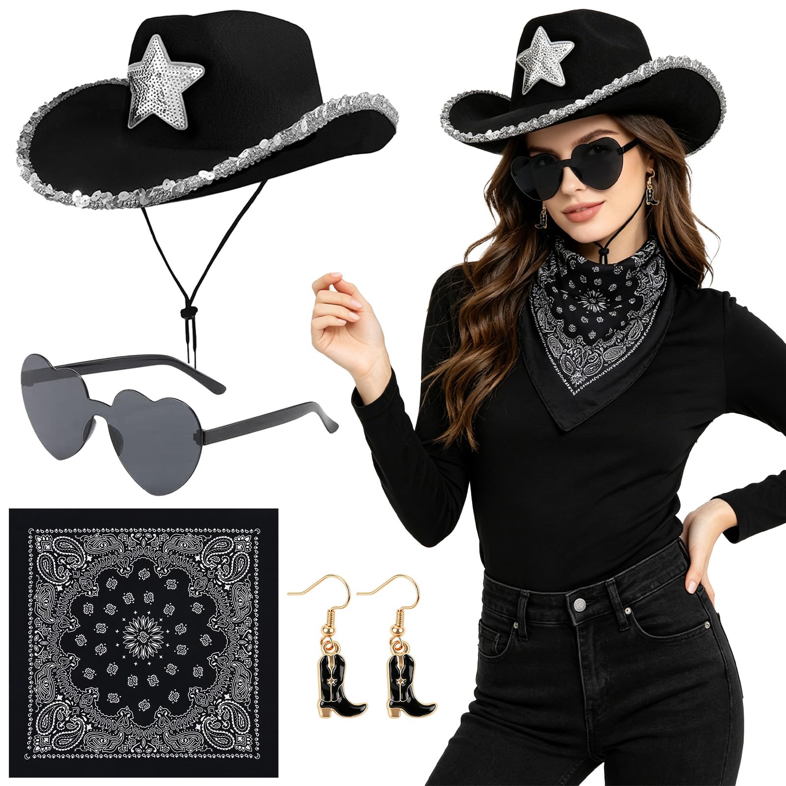 Kitimi 4Pcs Cowgirl Hat Accessories Women Cowgirl Costume with Hat Bandana Heart Sunglasses Earrings, Black Western Fancy Dress for Country Music Rodeo Halloween Carnival