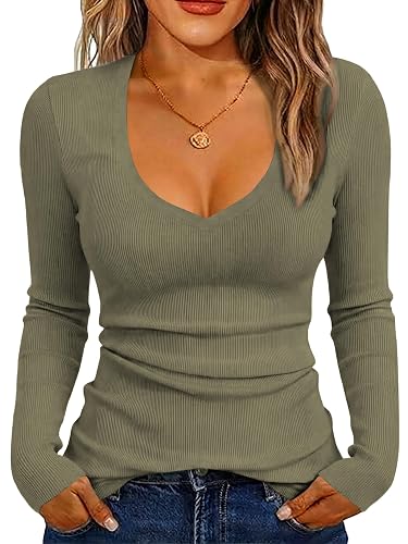 iGENJUN Women Long Sleeve V Neck Shirts for Women Business Casual Work Top Knit Slim Fit for Fall - Medium - Army Green