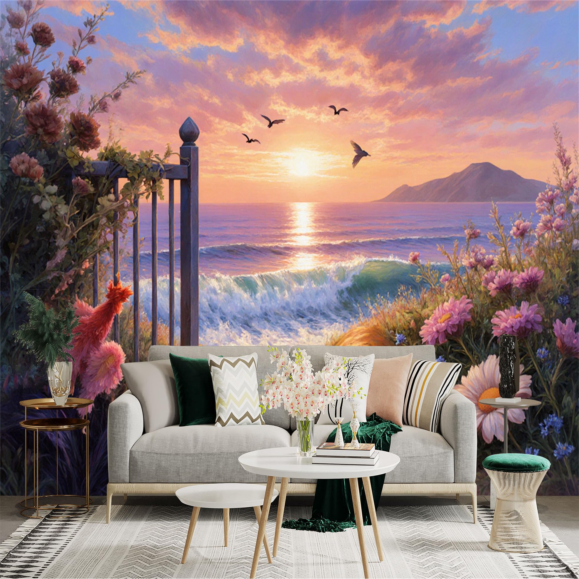 Lnzczhyre Xc260505167 Custom Size Wall Sticker Mural， Sunset Beach View， Blooming Flowers And Birds， Coastal Landscape， For Wall Decoration， Peelandstick Wall Decals.