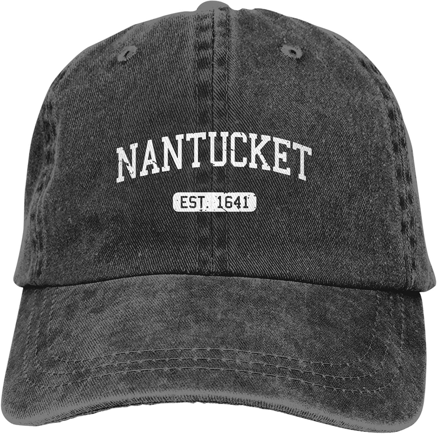 Nantucket Massachusetts Est. 1641 Unisex Adjustable Baseball Cap Black Denim Hat for Men and