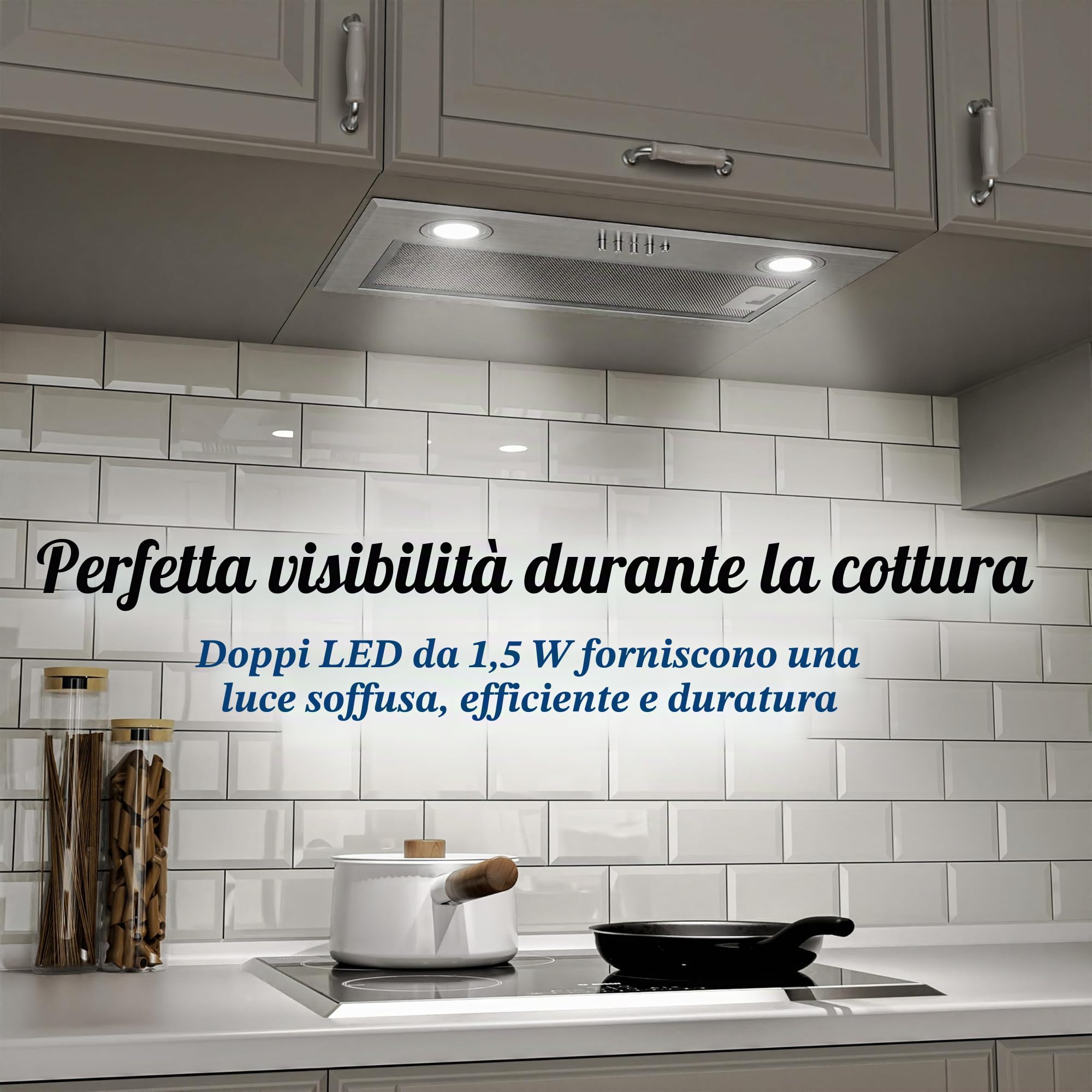 FIREGAS Cappa Aspirante a Incasso 52cm, Aspiratore Silenzioso con Motore ad Alta Efficienza, Classe Energetica A, 590m³/h, 3 Velocità, Illuminazione LED, Filtro a Carboni Attivi