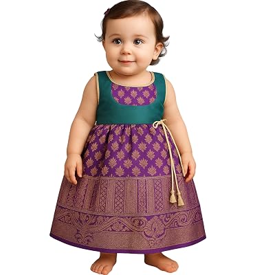 TotzTouch Baby Girls Dress South Indian Traditional Pattu | Frock Wide Zari Border Embroidered Jacquard Weave Ethnic Wea