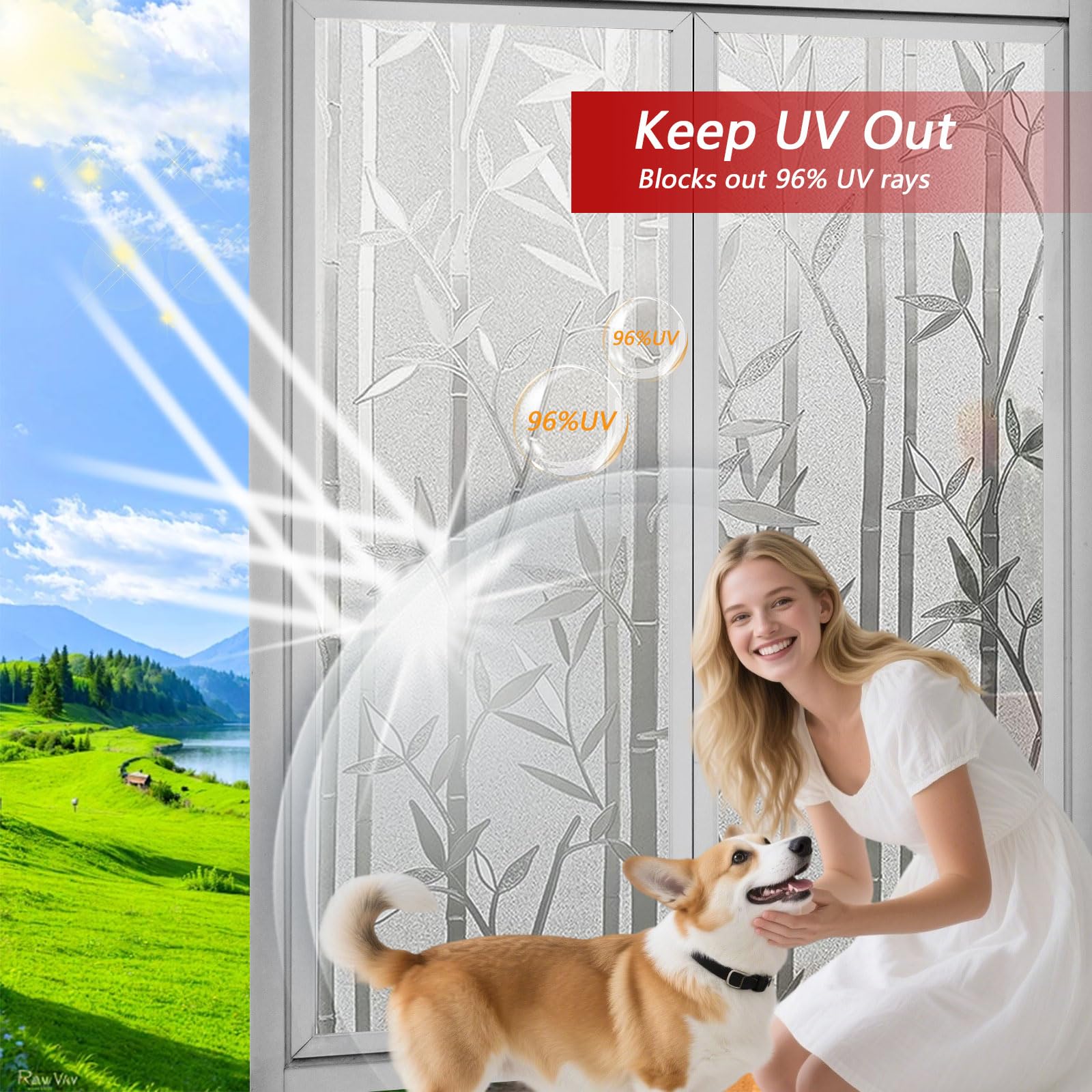 Pellicola Oscurante Vetri Finestre 80 x 350 cm Autoadesive Anti-Uv Elettrostatica Opaca Pellicola Privacy per Finestre per Casa Ufficio Bagno, Bamboo