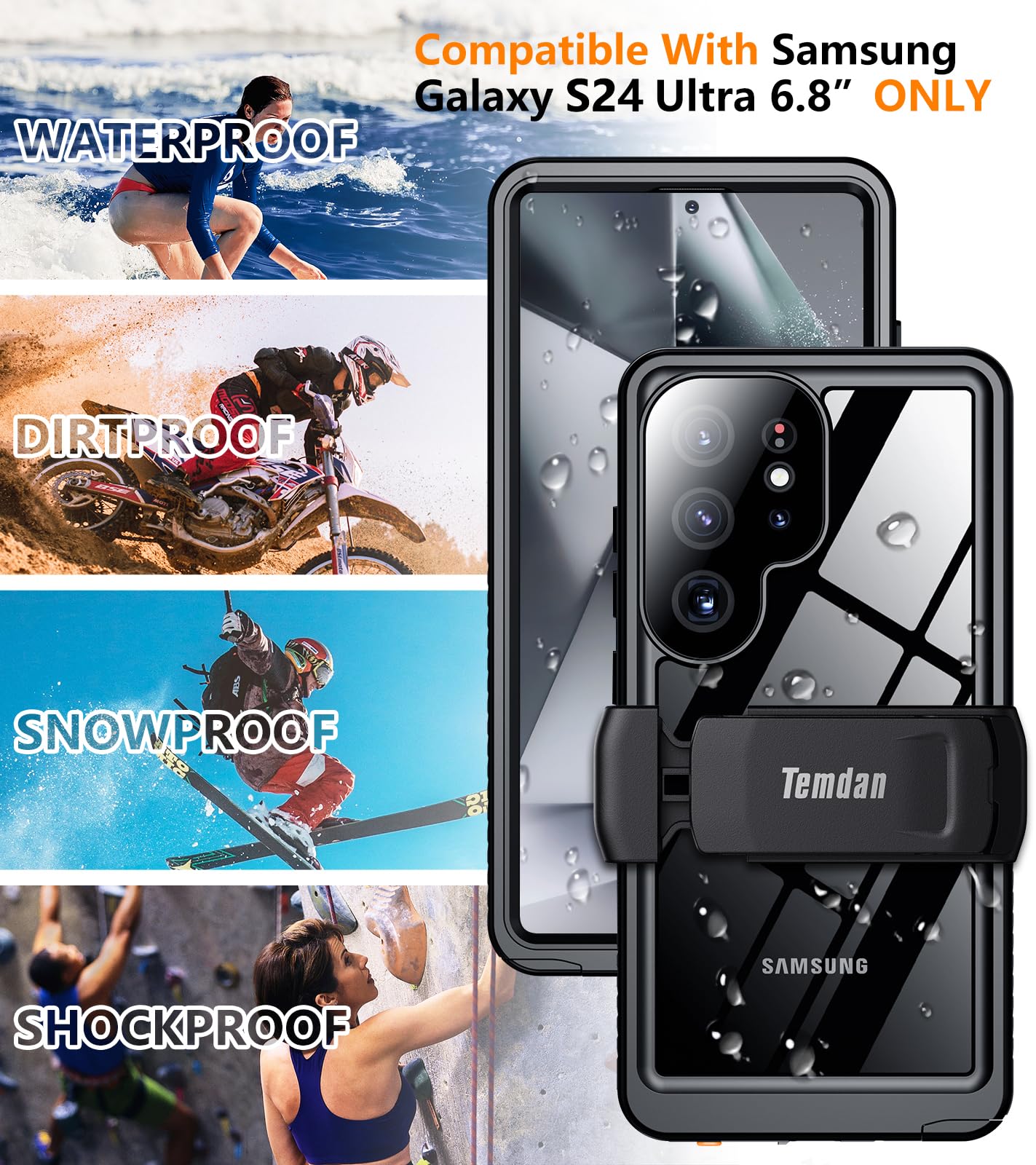 Schutzhülle für Samsung Galaxy S24 Ultra, wasserdicht, mit Gürtelclip, Holster, integriertes Objektiv und Displayschutzfolie, Militärqualität, stoßfest, sturzsicher, Ganzkörper-Handyhülle