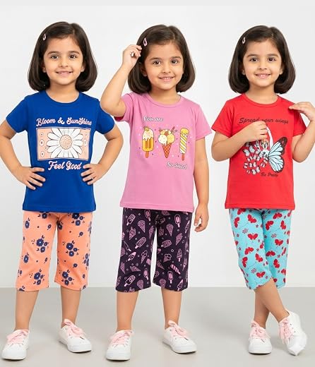 NAAVAI Girls Cotton Top and Capri Pant Set for Kids | Baby Girl Dress T-shirt and Pant Combo | Casual Summer Clothing Set ...