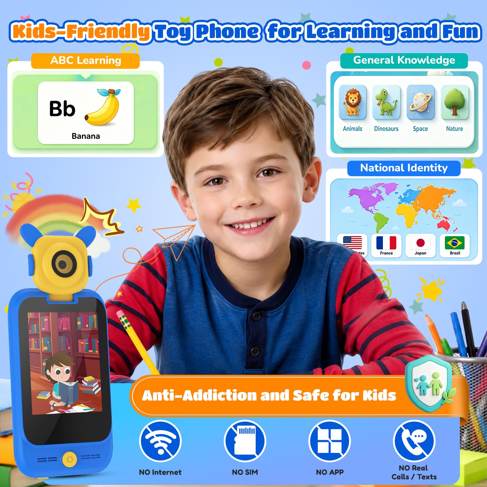 Smart Phone giocattolo per bambini per ragazzi: telefono cellulare con fotocamera flip a 180° e obiettivo microscopio, touchscreen da 2,8", ABC educativo, musica, giochi, scheda da 32 GB, per bambini