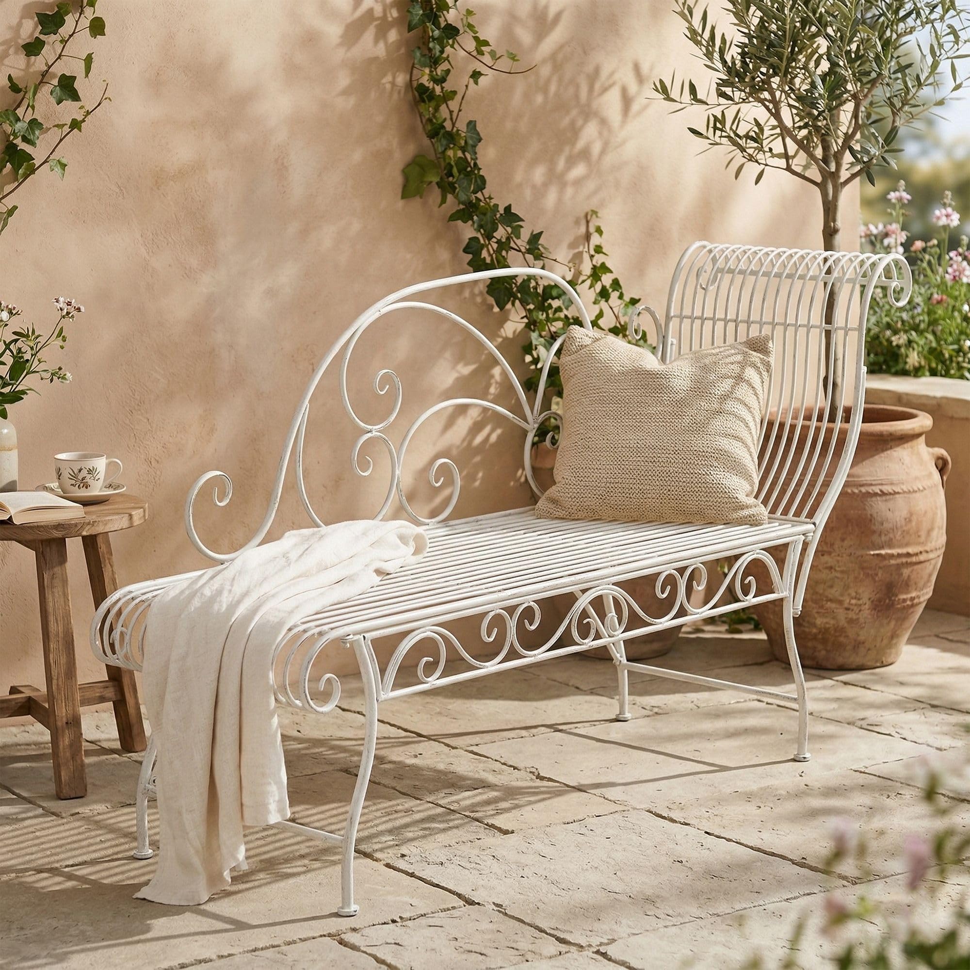 CLP Banc de Jardin Karma Style Art Nouveau avec Ornements, Chaise Longue extérieure capacité 160 kg Couleur Blanc Antique