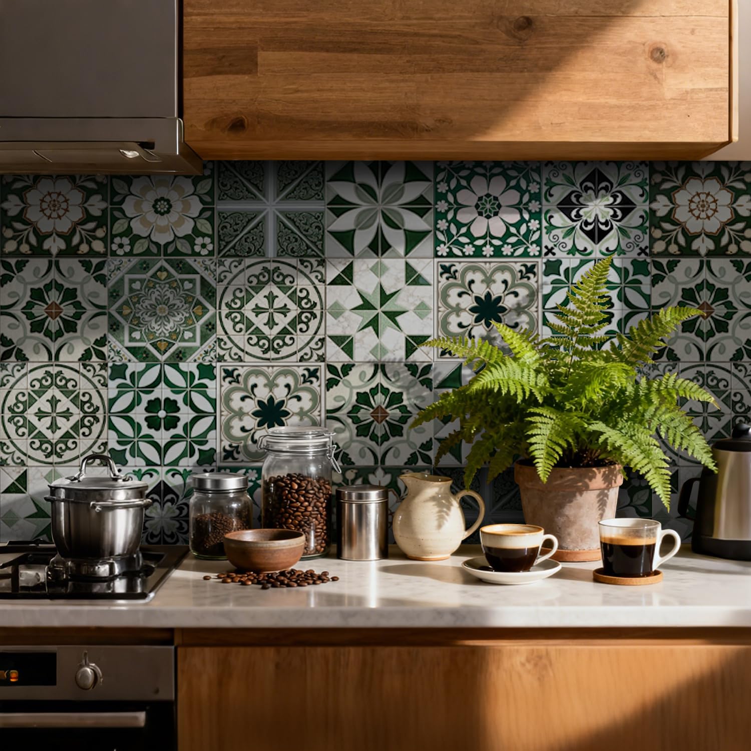 RwalkinZ Tile Stickers for Kitchen 24 pcs Stick on Tiles Kitchen Bathroom Self Adhesive Peel and Stick Wall Waterproof Oil-Proof (15cm x 15cm, 6x6 inches) for Floor Stairs Furniture(Dark Green 2)