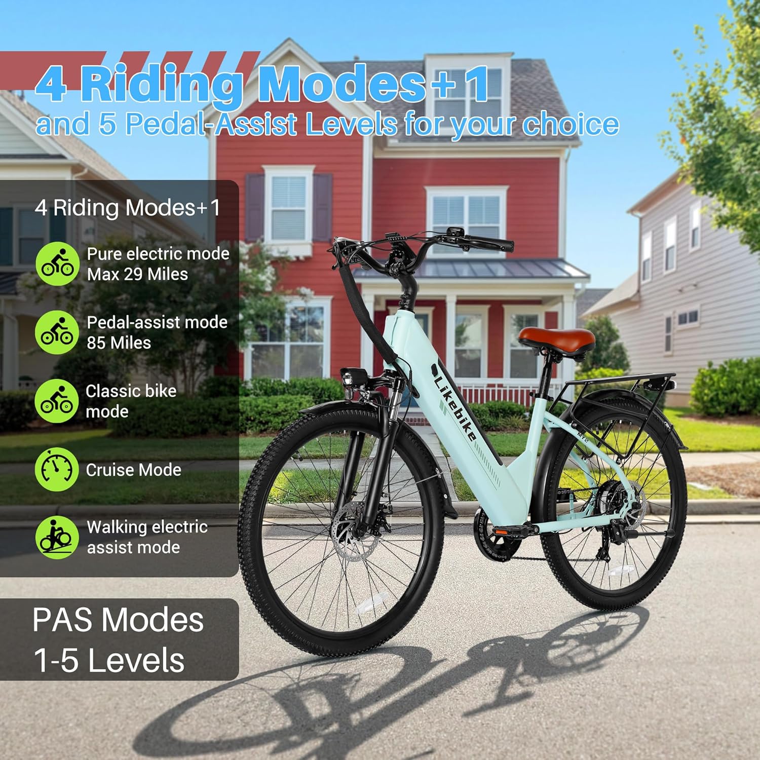 Likebike Electric Bike for Adults, 1500W Peak Motor, 26" Commuter Ebike with 48V 15Ah Removable Battery, 7-Speed & Front Fork Suspension, Up to 85 Miles 28MPH Electric Bicycles for Men Women
