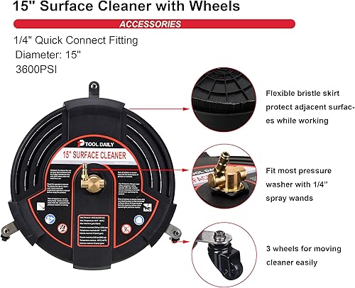 Miniatura 3 de Tool Daily Accesorio limpiador de superficie para lavadora a presión de 15 pulgadas con ruedas, juego de adaptadores para lavadora a presión, kit de