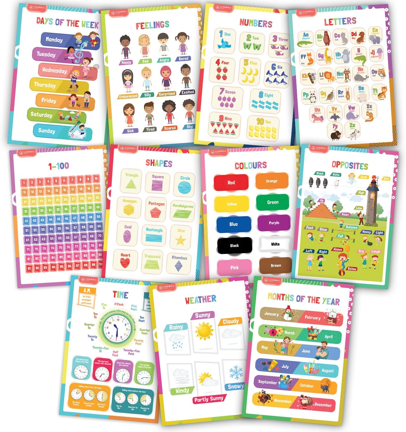 11 Educational Posters For Toddler Learning - Perfect For Classroom, Nursery and Homeschool - Decorations and Poster Supplies For Teachers - Colours, Numbers, Alphabet, Days, Months and More - A3 Size