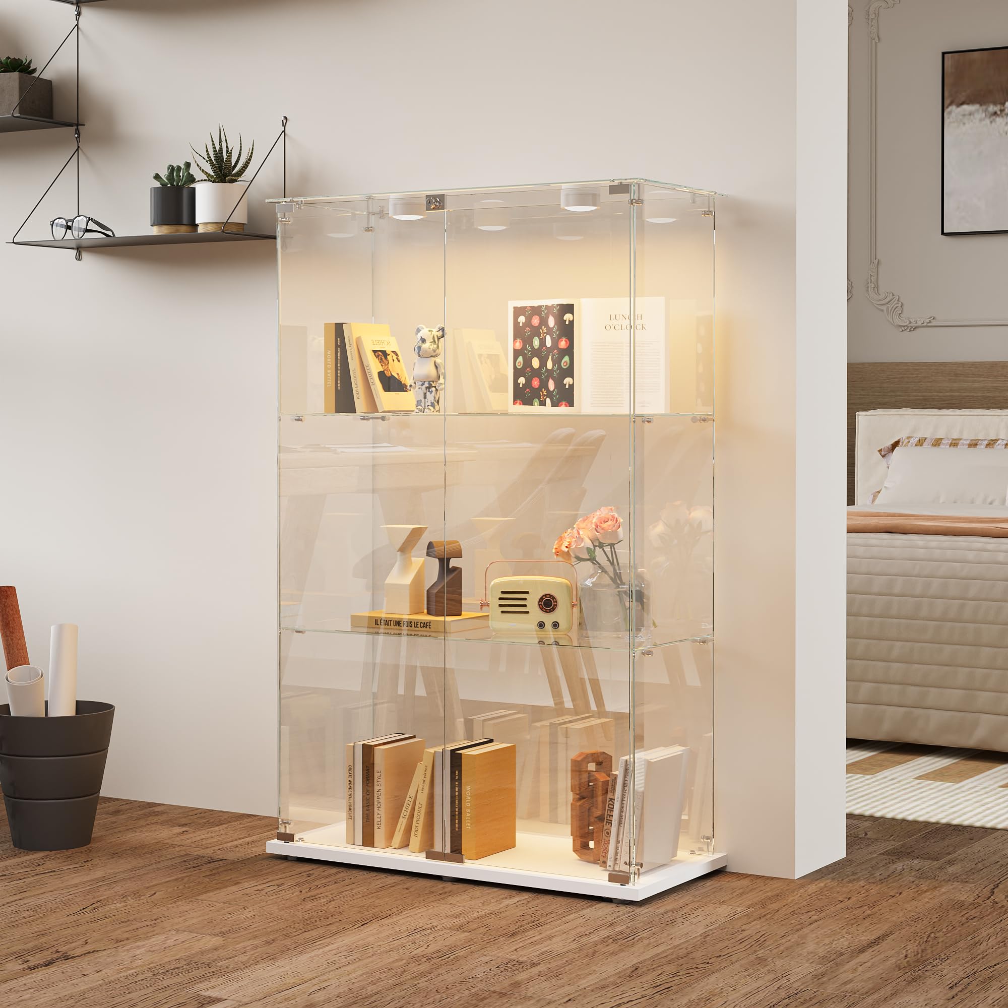 Glasvitrine Standvitrine mit LED Beleuchtung, Glasvitrine Stehend mit 3 Glasböden & 2 Glastüren abschließbar, Vitrinenschrank für Wohnzimmer Büro Sammlerstücke Bücher Wein Weiß