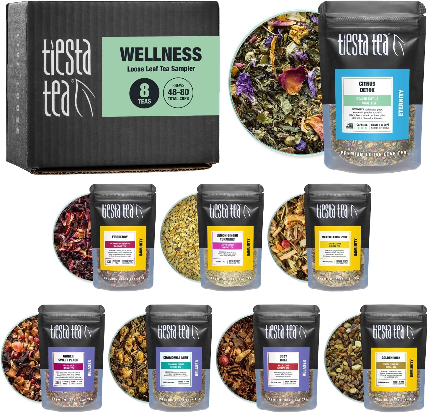Tiesta Tea - Wellness Tea Sampler Dry Flight Set, Loose Leaf, High to No Caffeine, Makes Hot & Iced, Assorted Brew Sets with Herbal, Chai, Fruit Drinks & More, 8 Resealable Sample Pouches