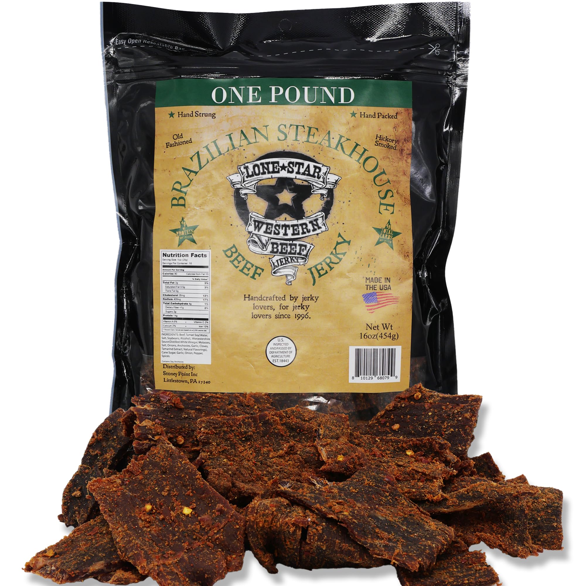 Lone Star Brazilian Steakhouse Flavored Beef Jerky - 1 Pound Resealable Bag - Hickory Smoked Handcrafted Flavor - High Protein Healthy Meat Snack
