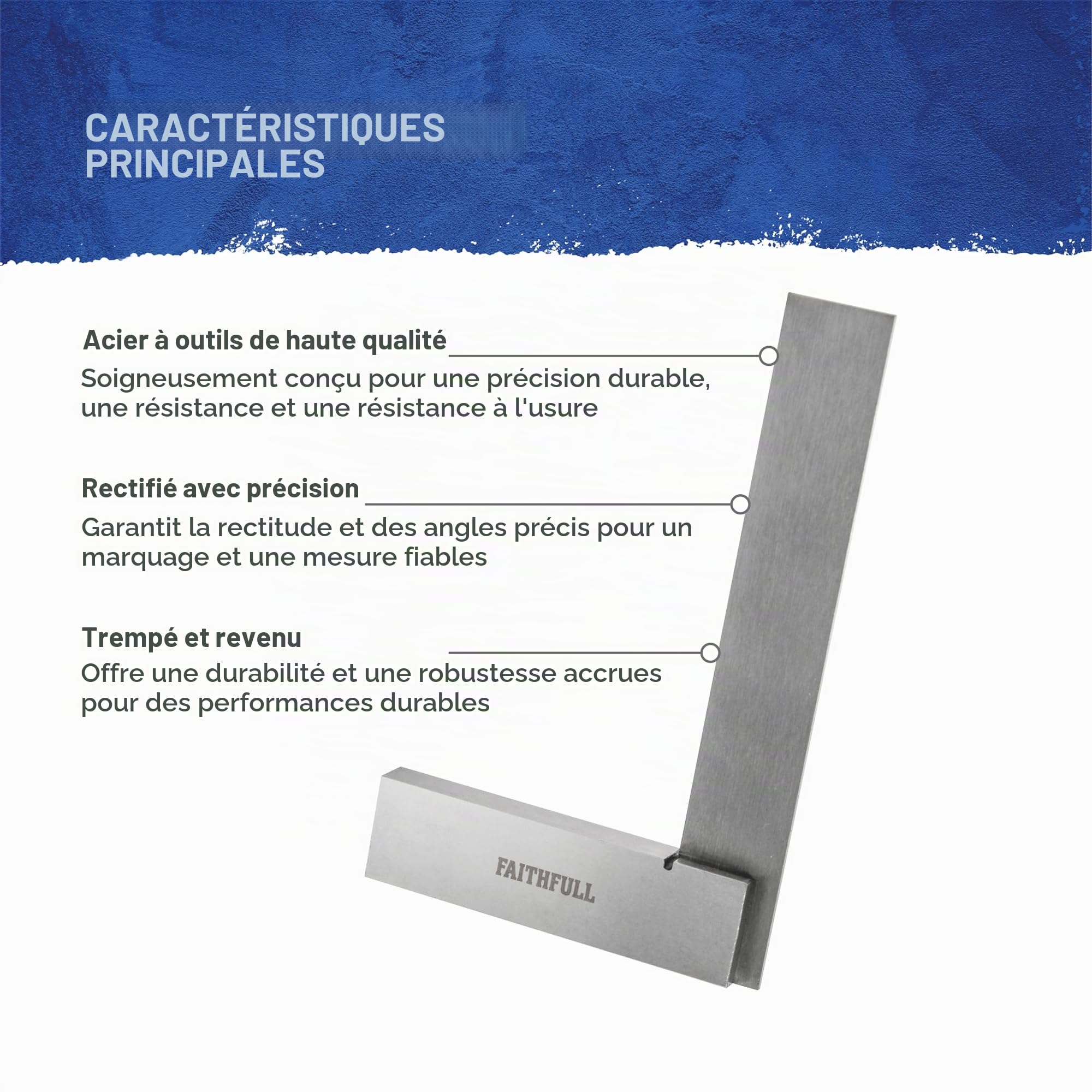 Équerre d'ingénieur Faithfull en acier, jeu de 4 pièces - 50, 75, 100, 150 mm (2, 3, 4 et 6 pouces), rectifiée avec précision, lame en acier trempé, coffret de rangement en bois